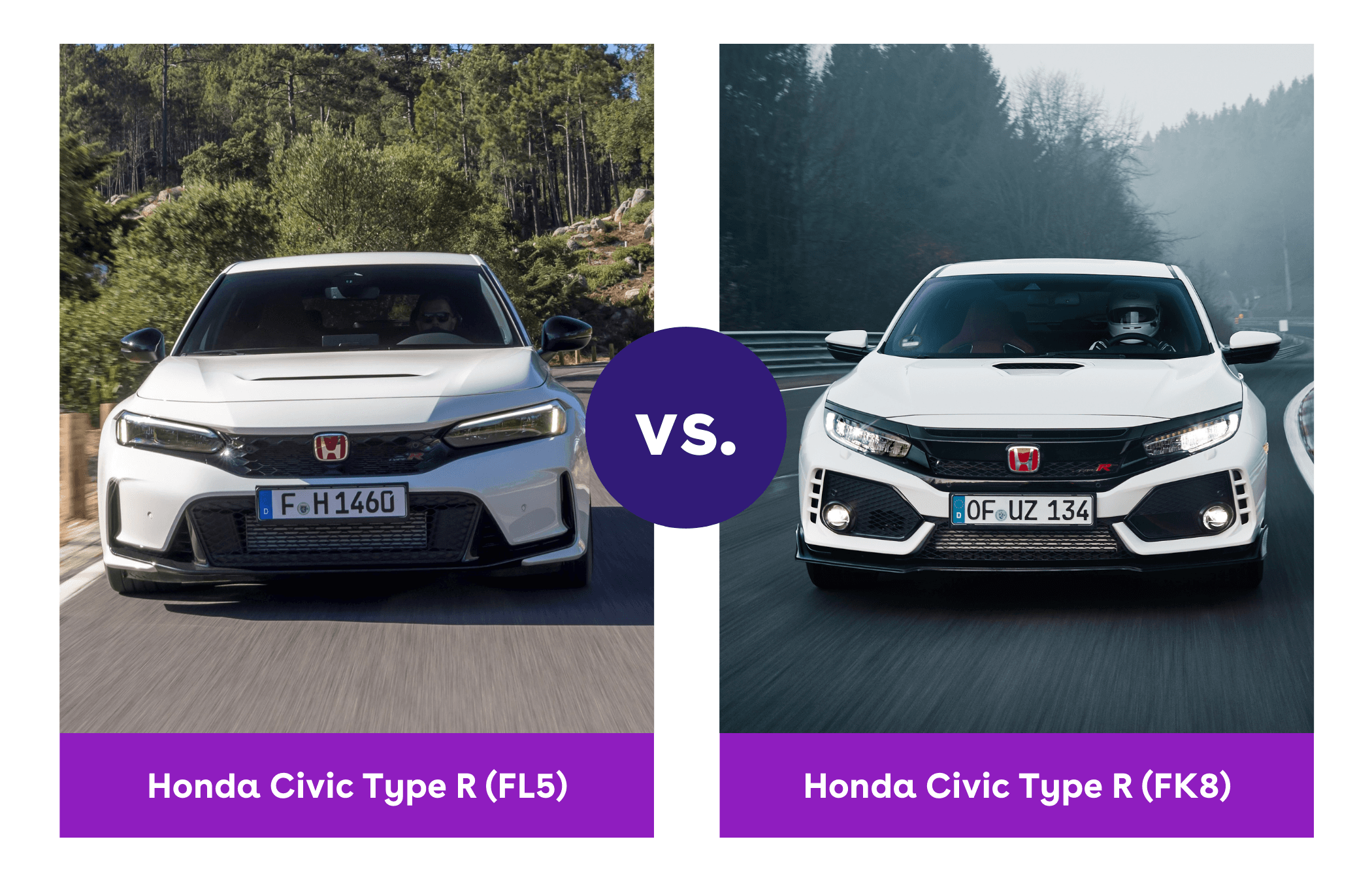 Side-by-side image of Honda Civic Type R FL5 and FK8 front