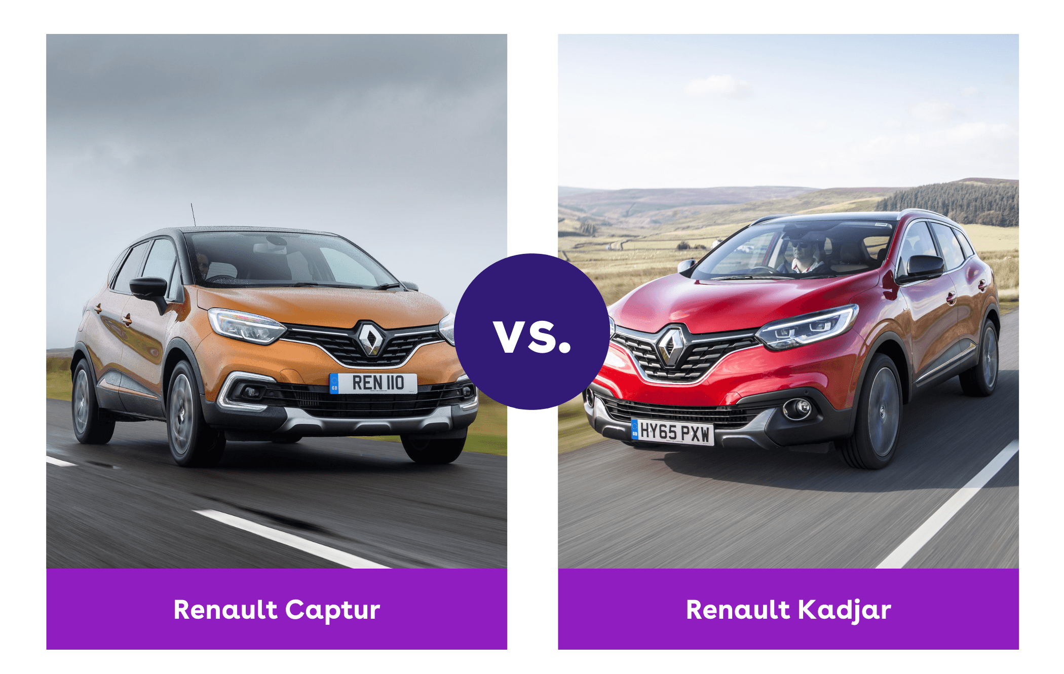 Side-by-side image of orange Renault Captur and red Renault Kadjar driving