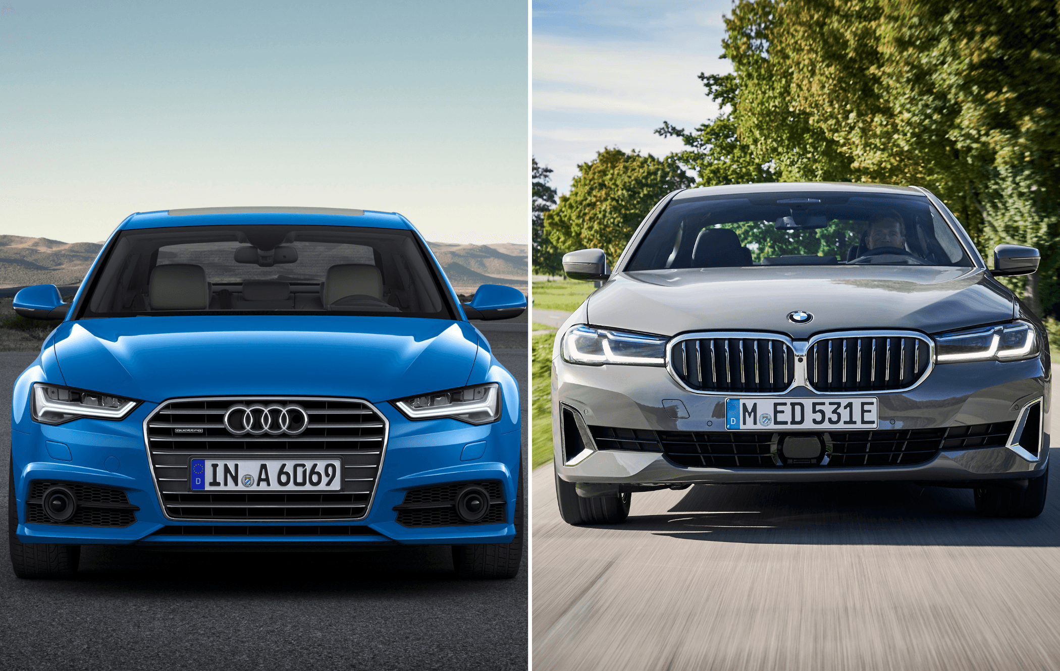 A blue Audi A6 next to a grey BMW 5 Series