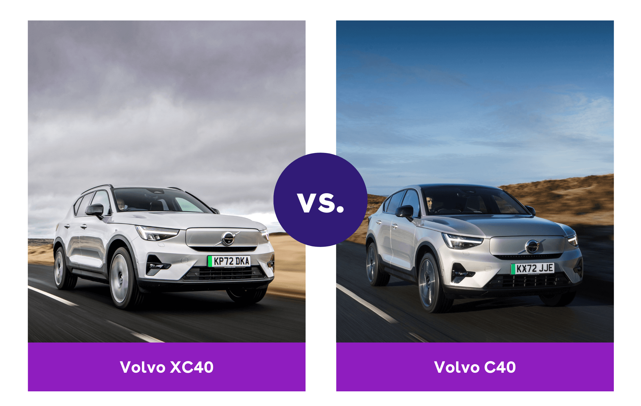 Side-by-side view of Volvo XC40 and Volvo C40 driving