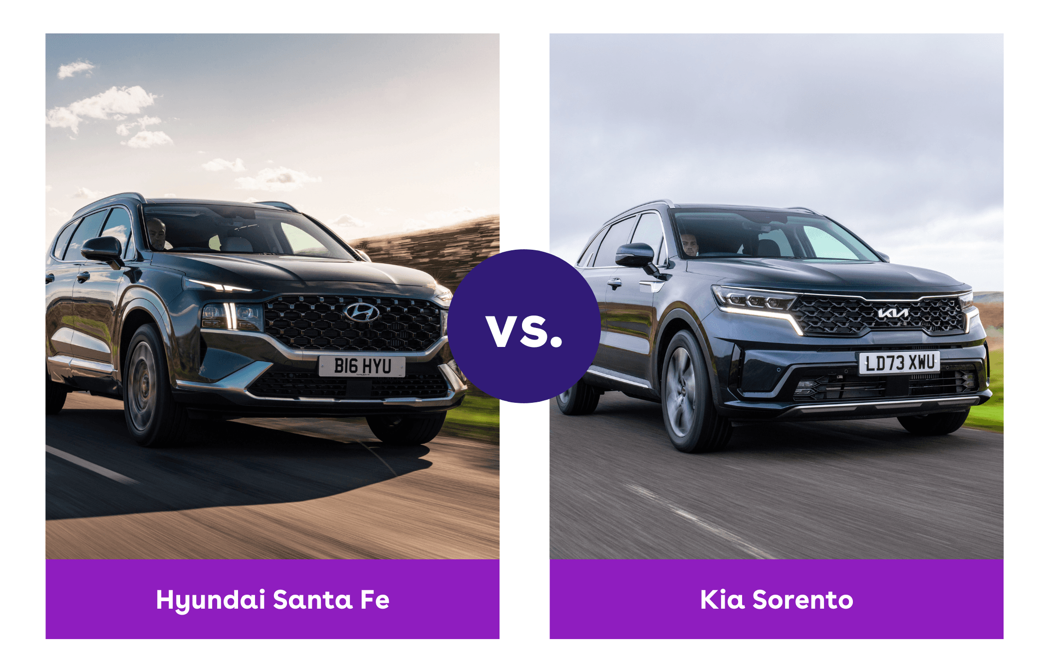 Side-by-side view of Hyundai Santa Fe and Kia Sorento driving