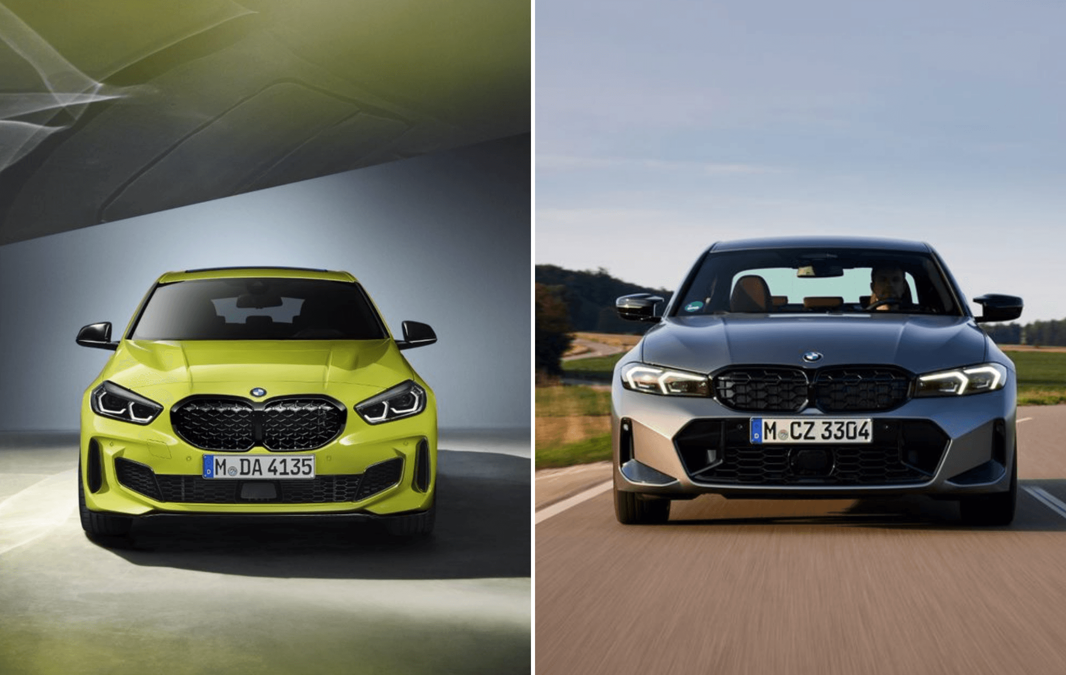 A yellow BMW 1 Series next to a grey BMW 3 Series