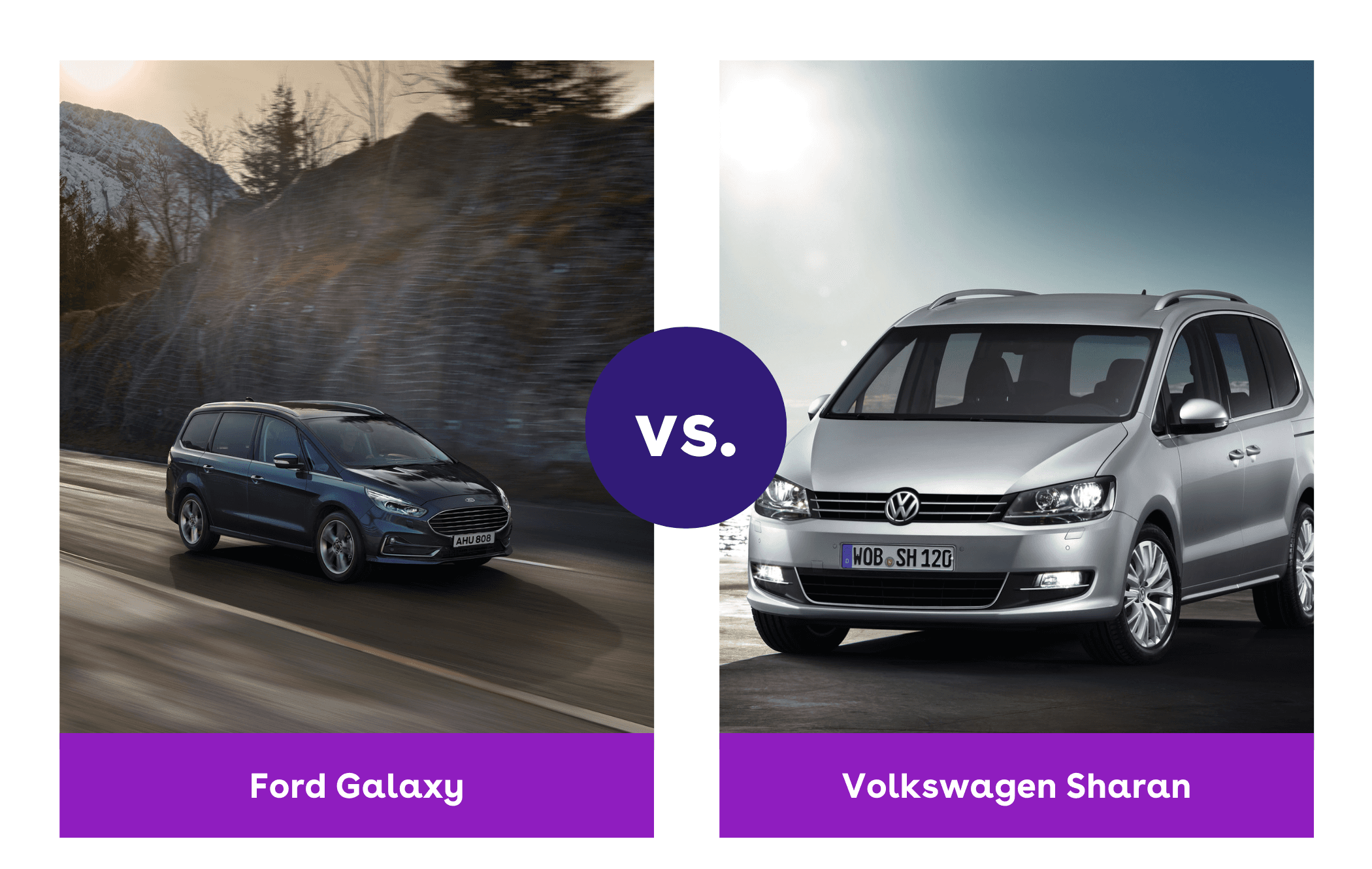 on the left is a Ford Galaxy and on the right is a Volkswagen Sharan, both driving on a road