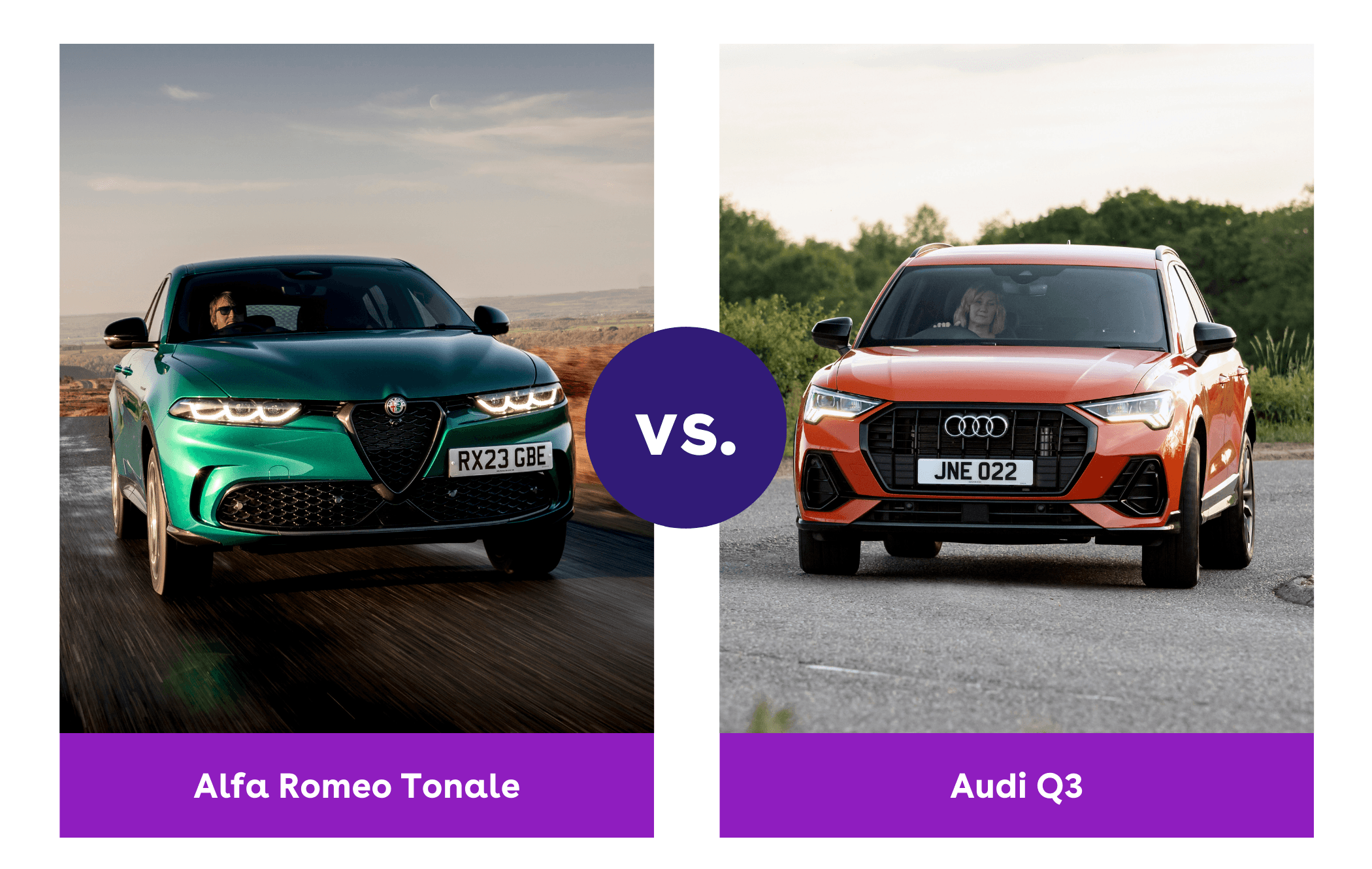 Side-by-side view of Alfa Romeo Tonale and Audi Q3 driving