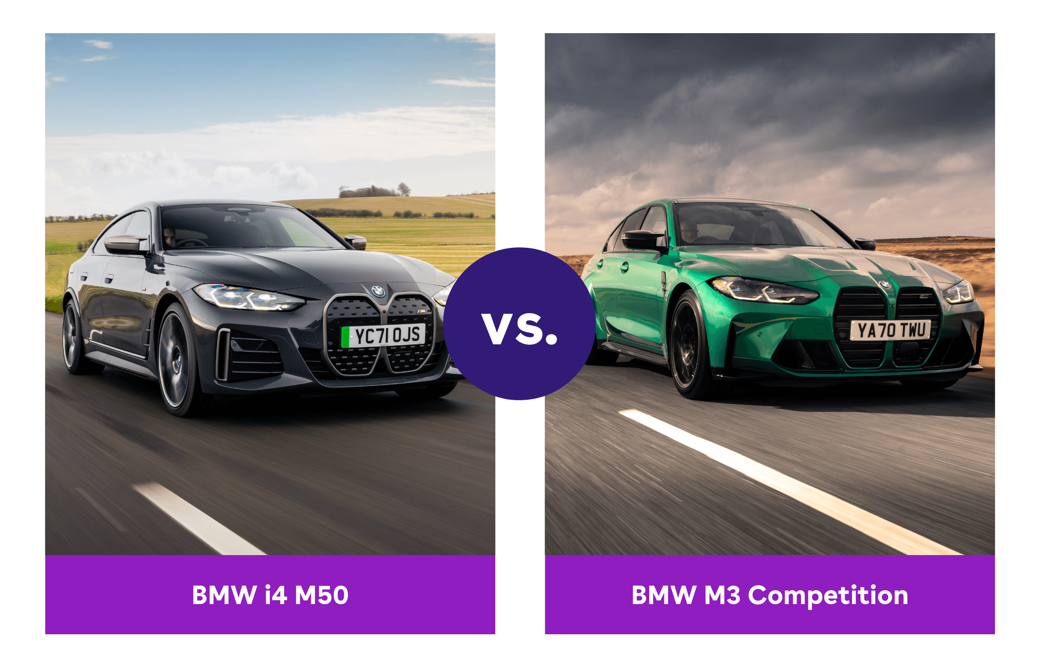 Side-by-side view of BMW i4 M50 and BMW M3 Competition driving