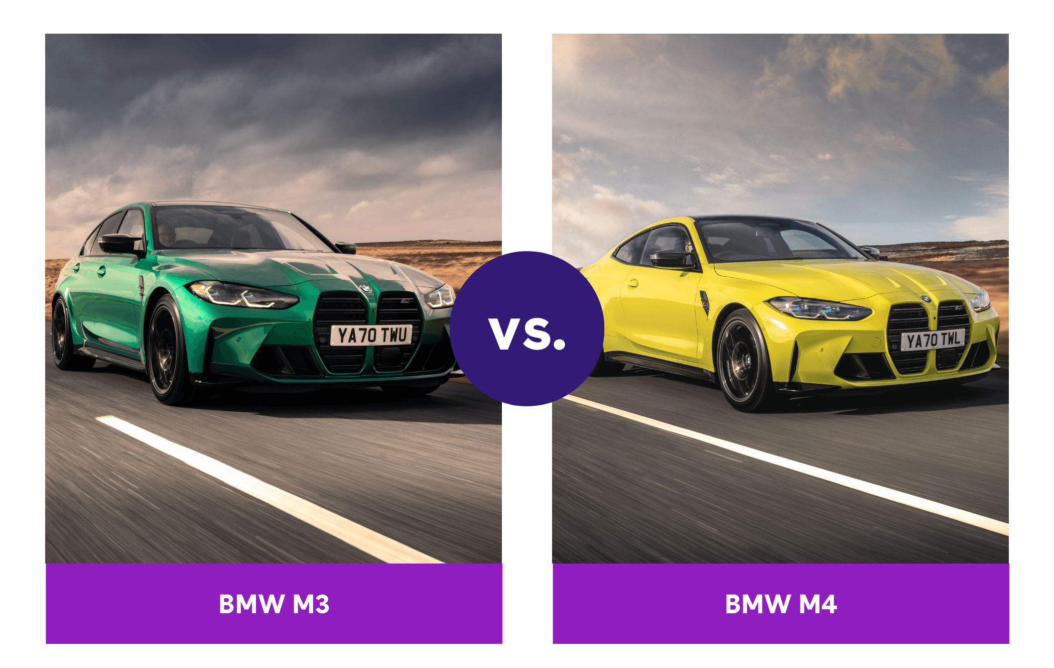 Side-by-side front three quarters view of green BMW M3 Saloon and yellow BMW M4 Coupe