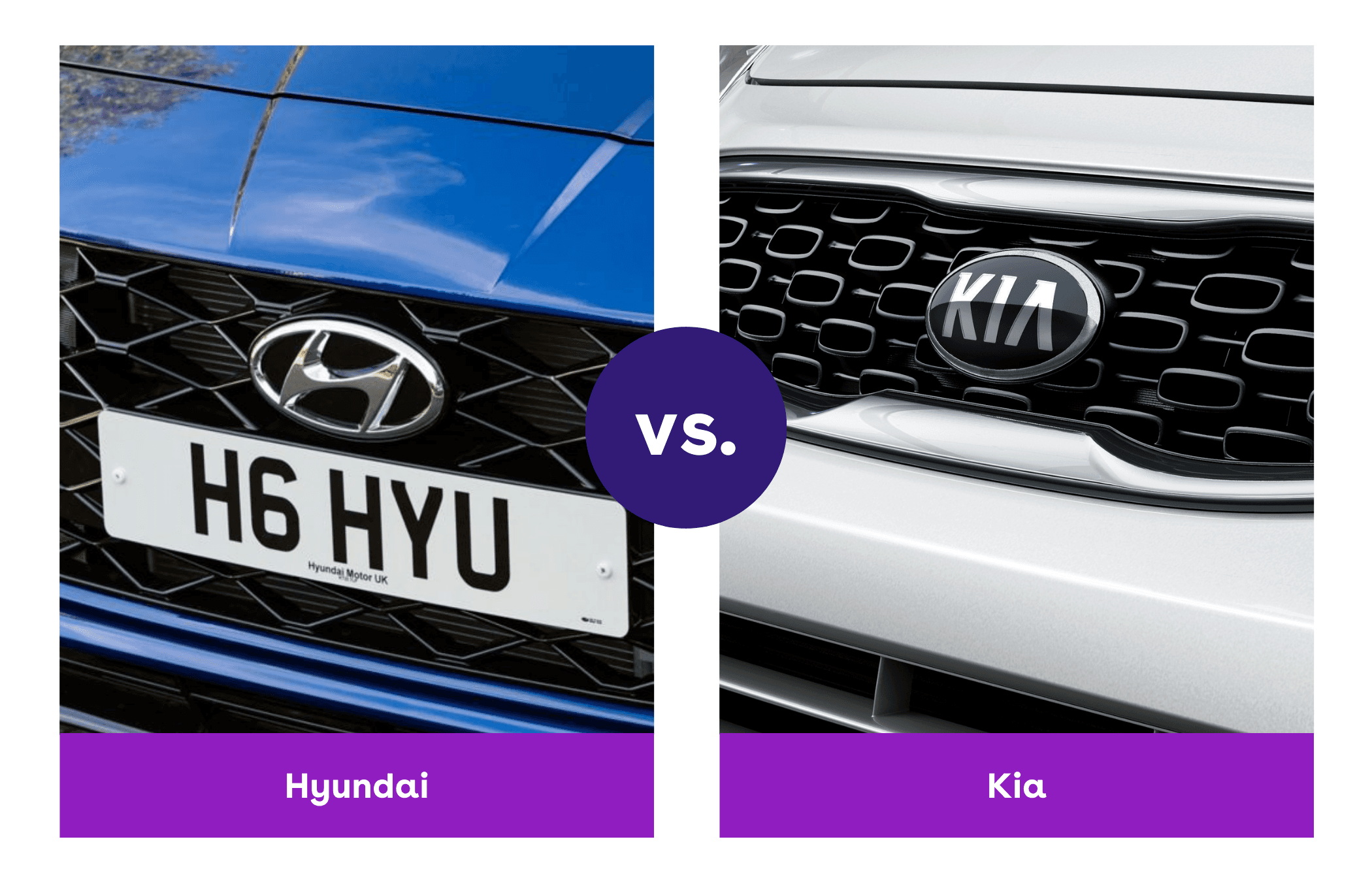 A comparison showing the logos on the front of Hyundai and Kia cars