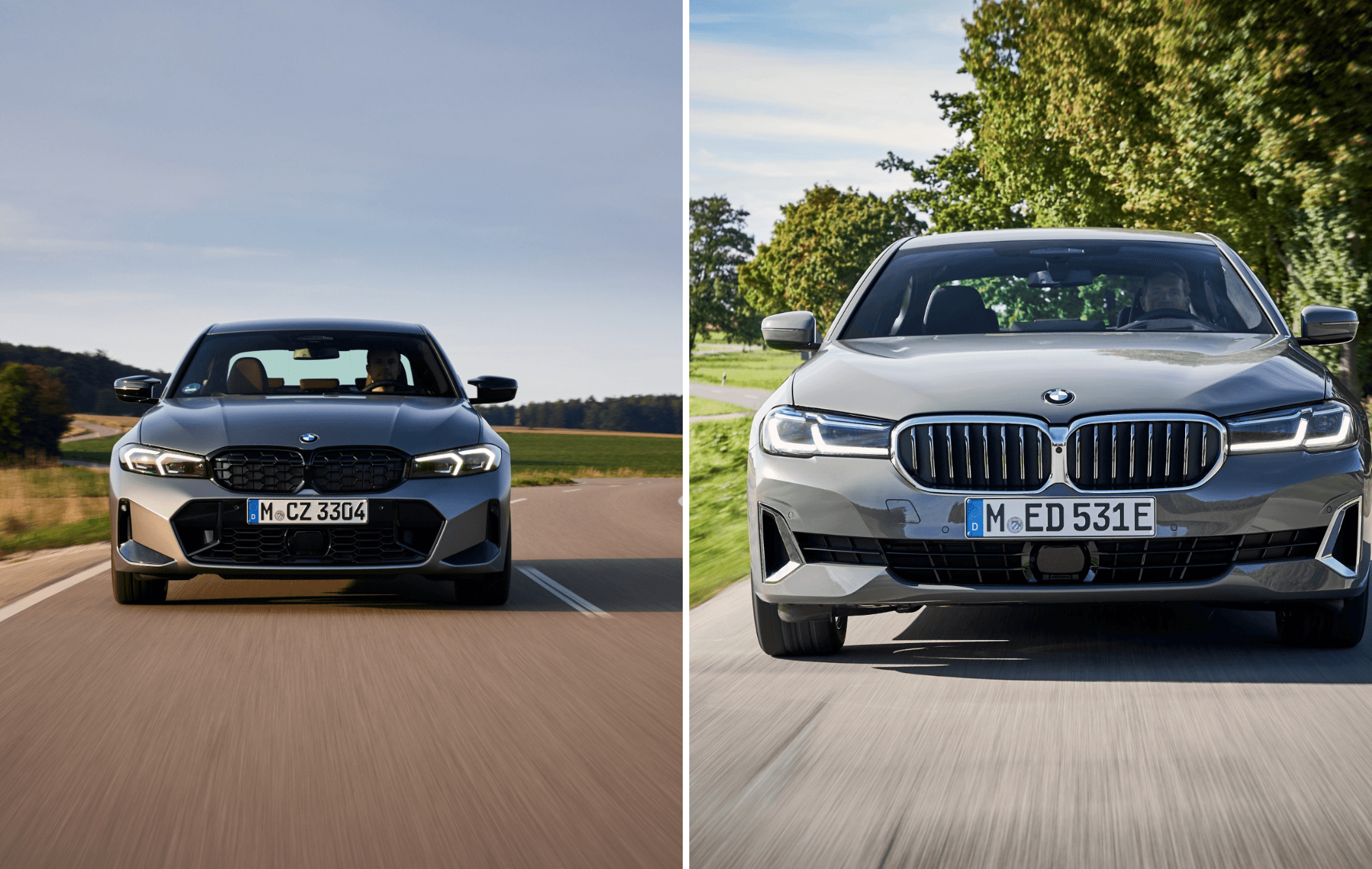 on the left is a BMW 3 Series saloon driving on the road towards the camera and on the right is a BMW 5 Series driving on a road towards the camera