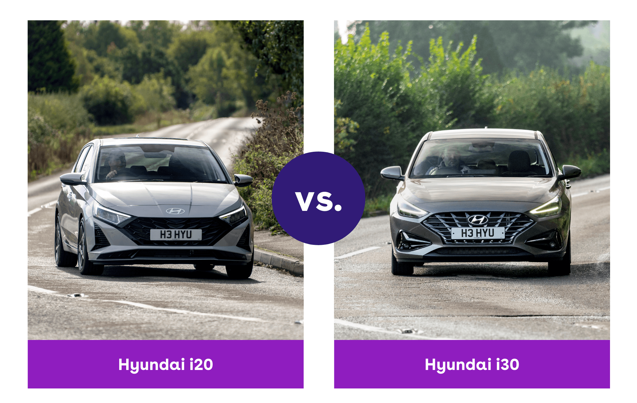 Side-by-side view of Hyundai i20 and Hyundai i30 driving