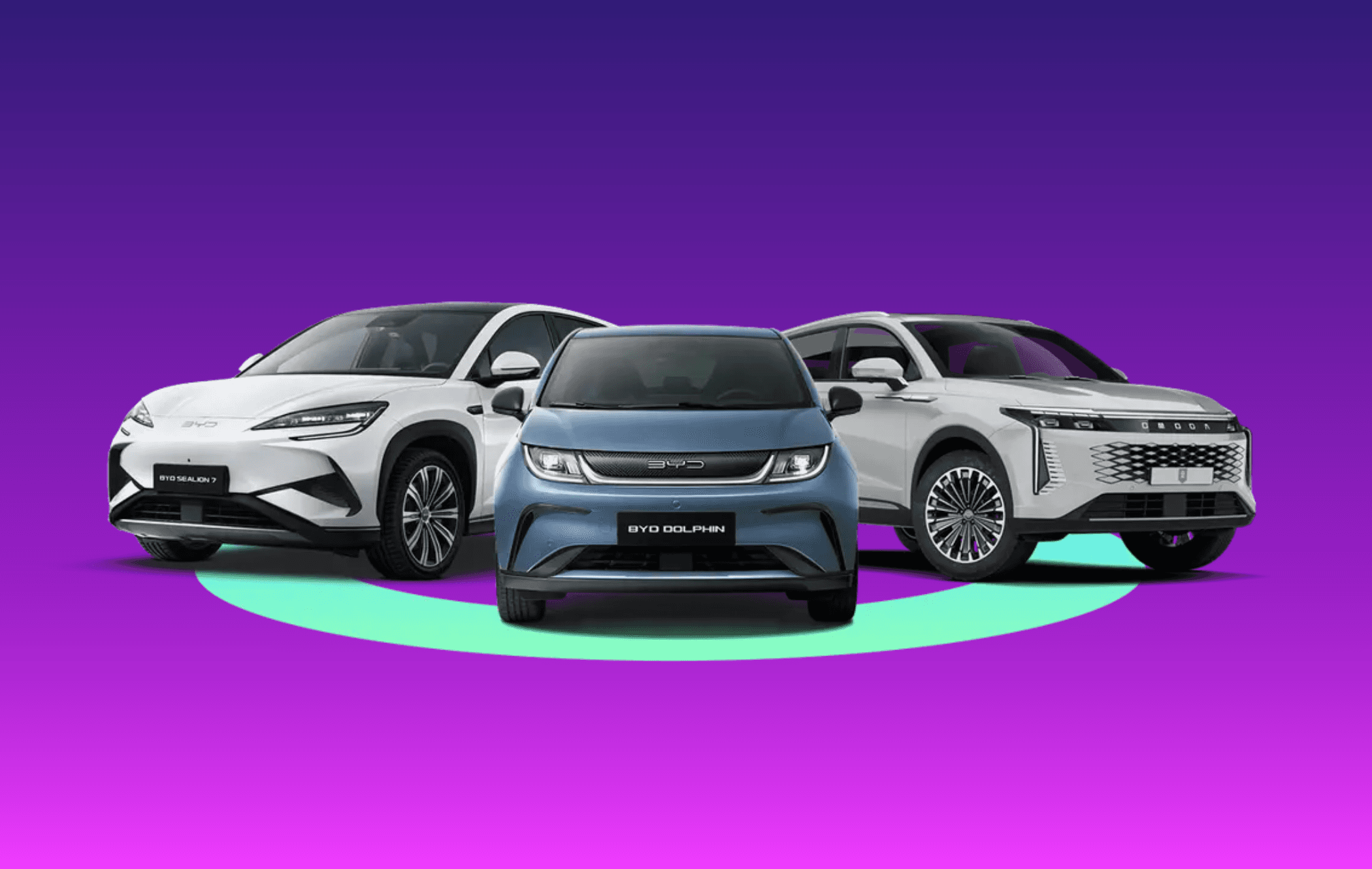 Three electric cars on a vibrant purple and teal background, showcasing sleek and modern designs.