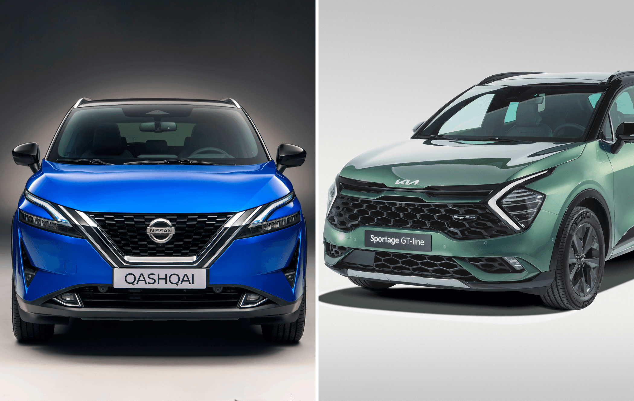 on the left is a blue nissan qashqai facing the camera and on the right is a green kia sportage at an angle