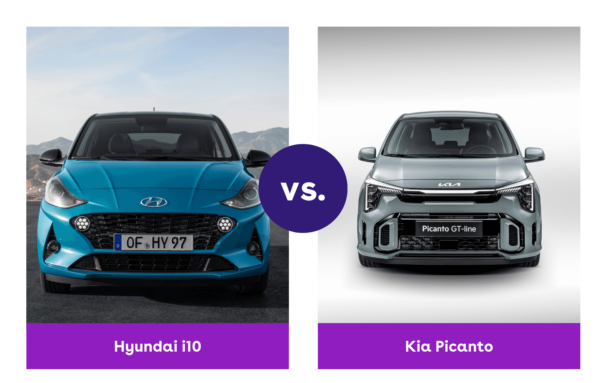 on the left is a blue Hyundai i10 and on the right is a grey Kia Picanto