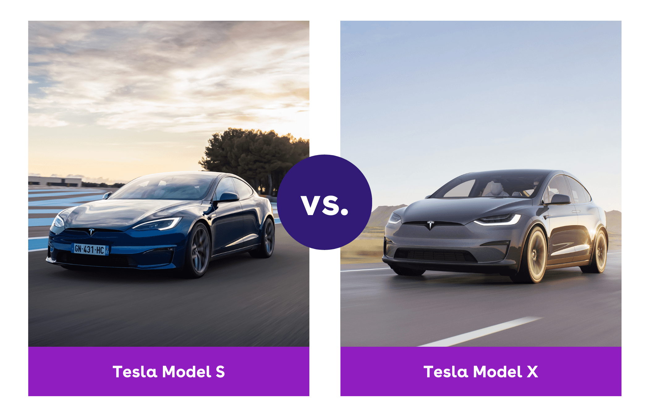 Side-by-side image of blue Tesla Model S and grey Tesla Model X driving