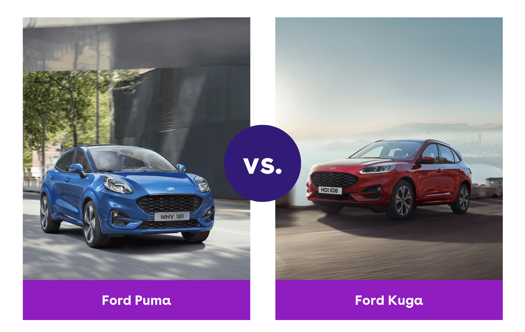 on the left is a blue ford puma and on the right is a red ford kuga suv