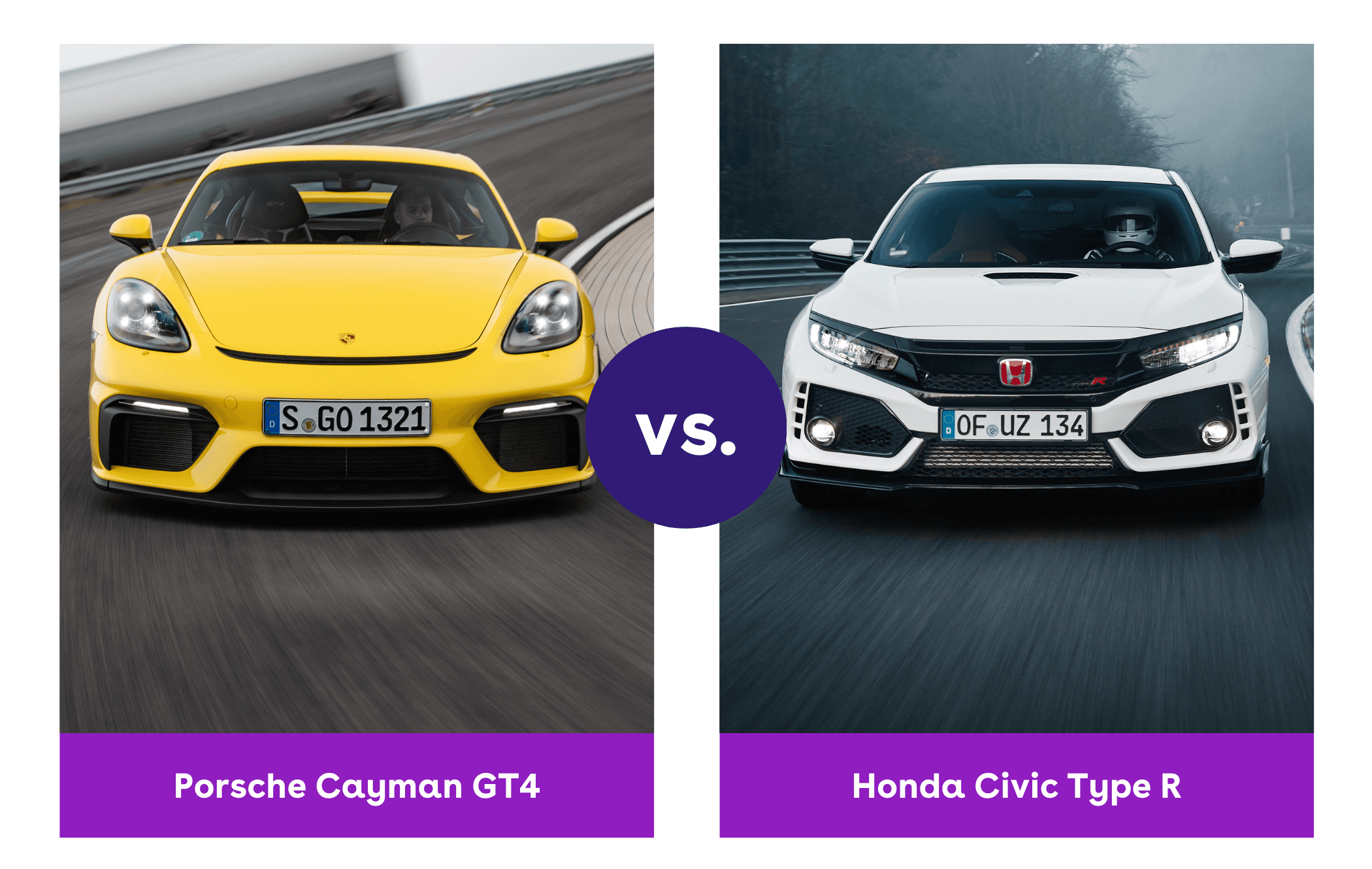 Side-by-side front image of Porsche Cayman GT4 and Honda Civic Type R