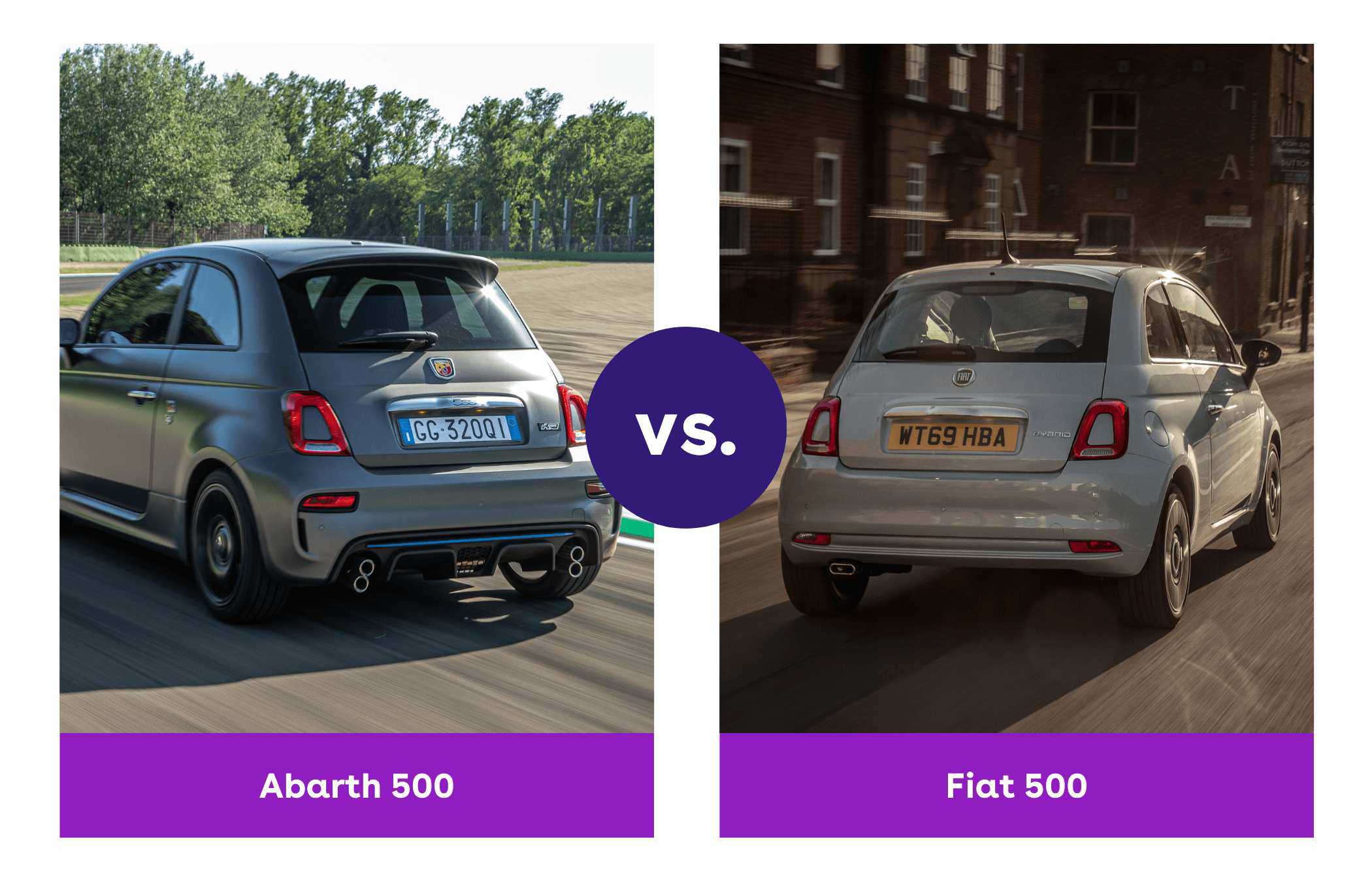 Side-by-side view of Abarth 500 and Fiat 500 rear