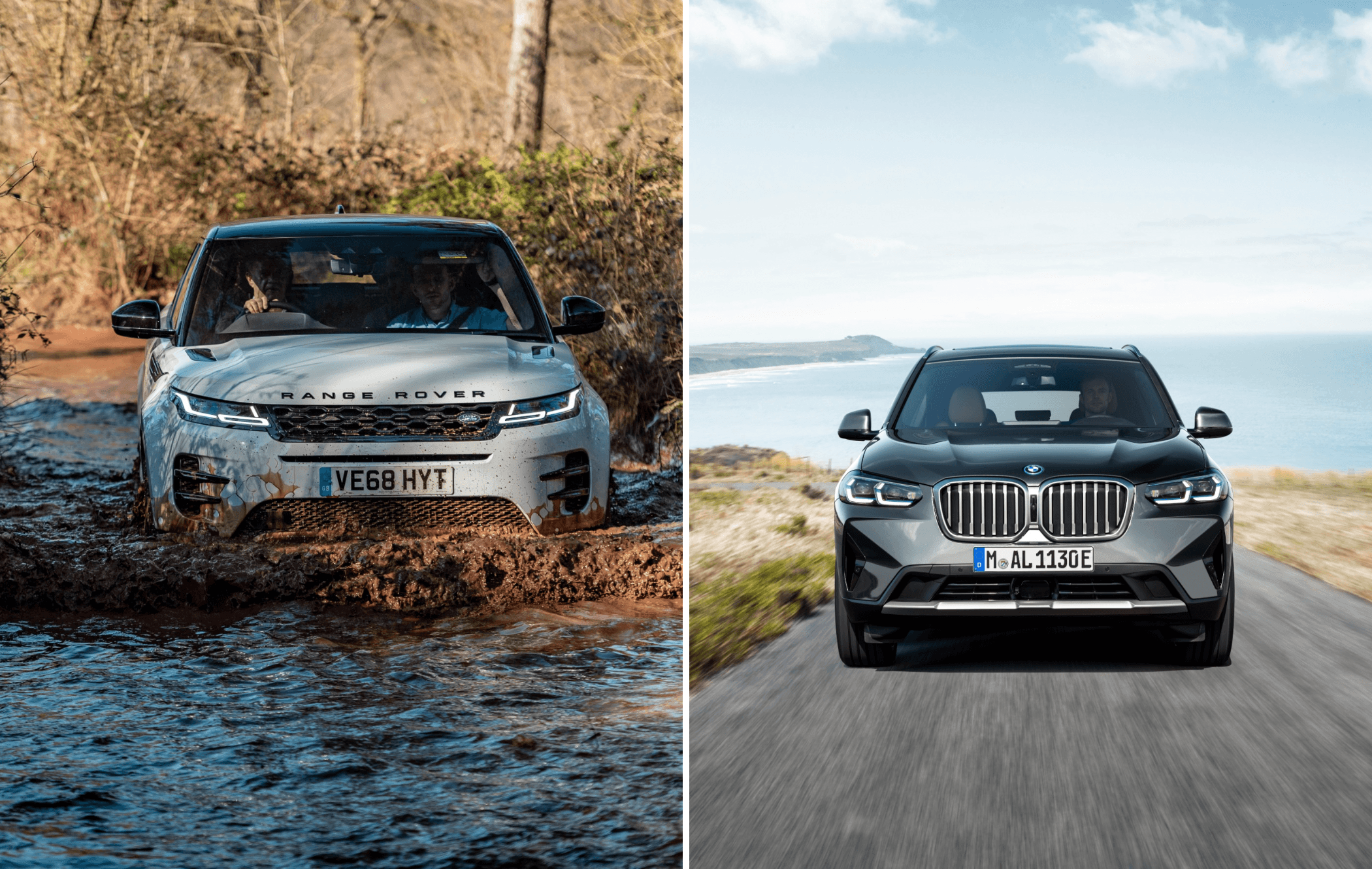 on the left is a range rover evoque driving through mud and on the right is a grey bmw x3 driving on the road