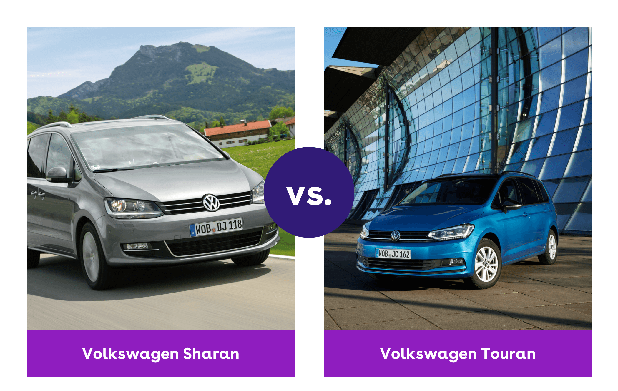 on the left is a grey Volkswagen Sharan driving on a mountain road and on the right is a blue Volkswagen Touran parked next to a building