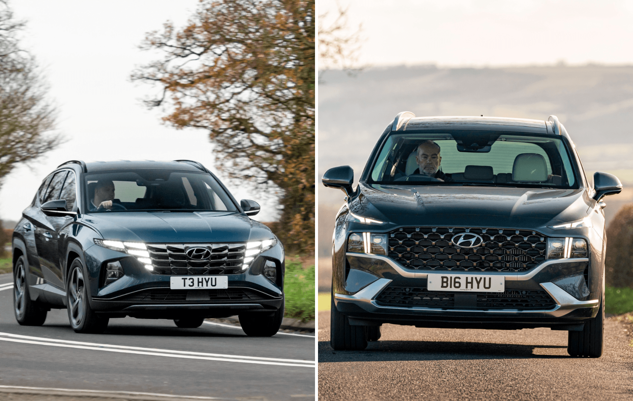 on the left is a grey Hyundai Tucson driving on a road and on the right is a grey Hyundai Santa Fe facing the camera