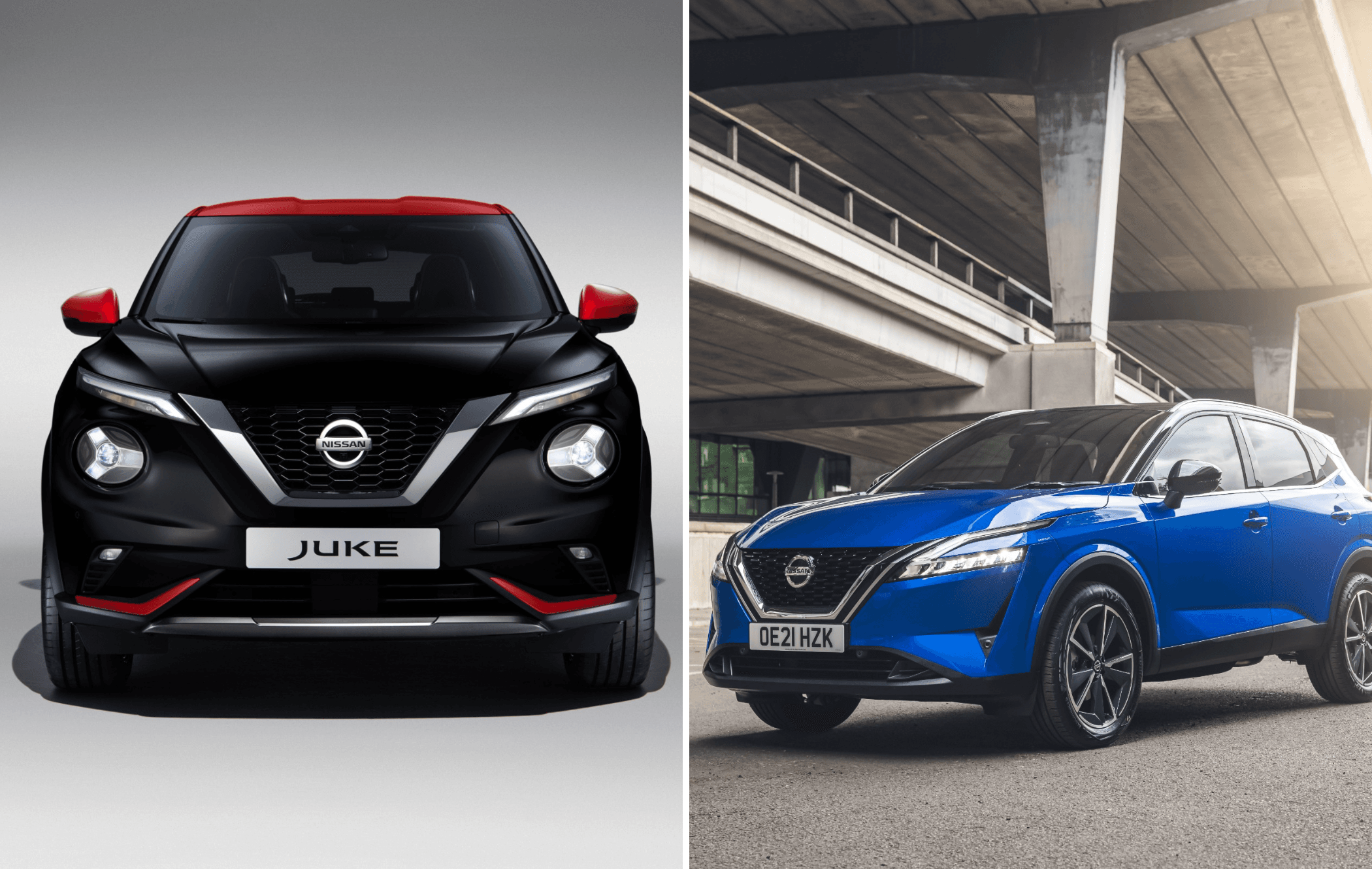 on the left is a black and red nissan juke facing the camera and on the right is a blue qashqai