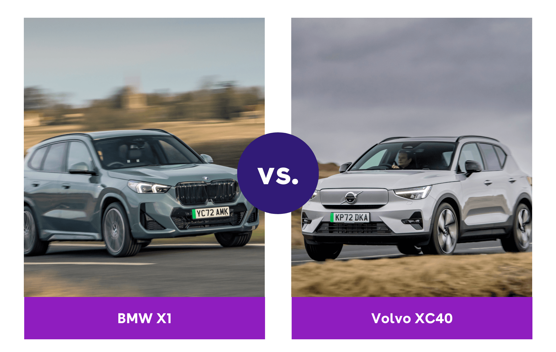 Side-by-side view of green BMW X1 and silver Volvo XC40 driving