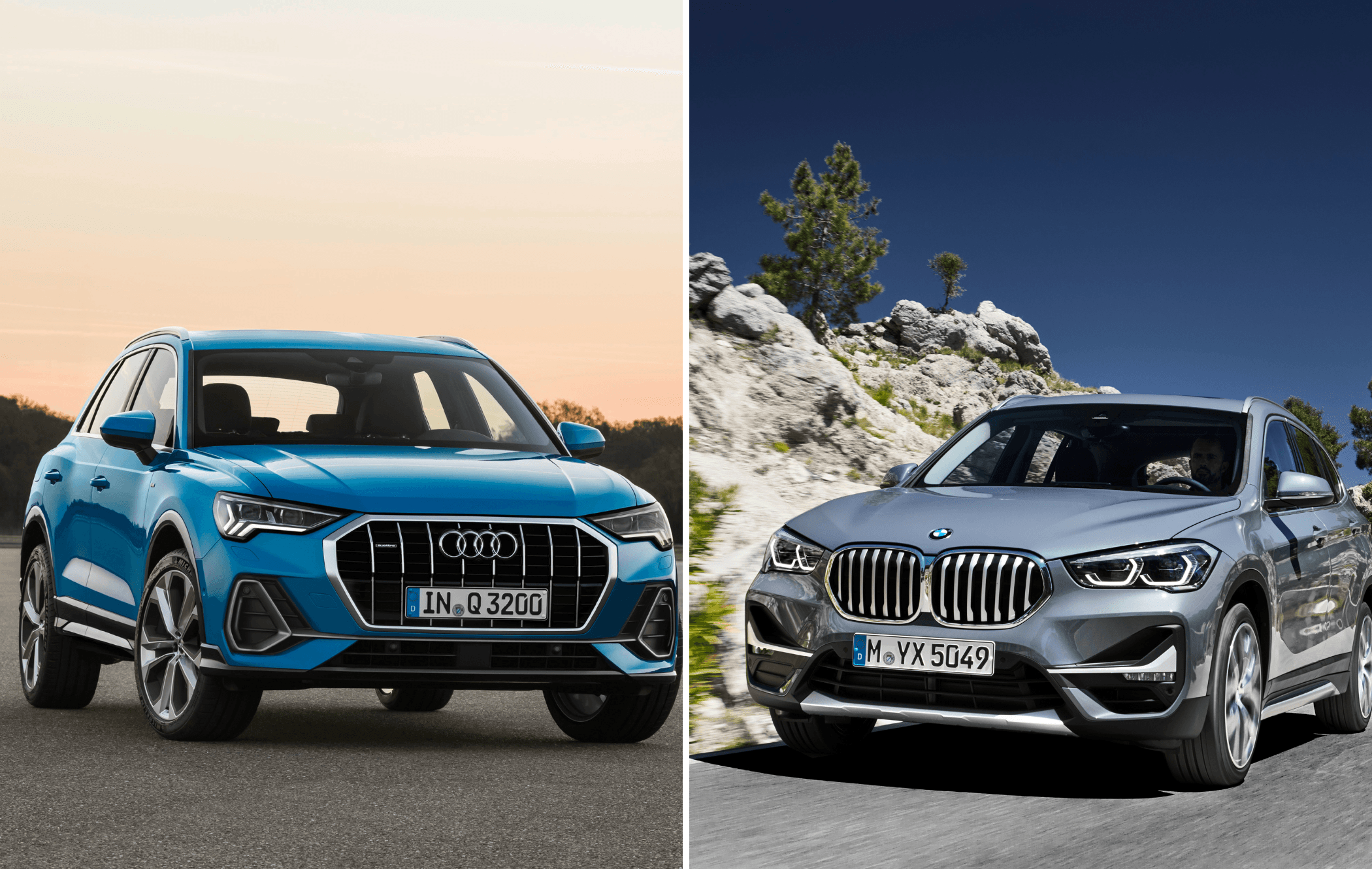 blue audi q3 parked in front of a sunset on the left. On the right, a grey BMW X1 driving on a mountain road