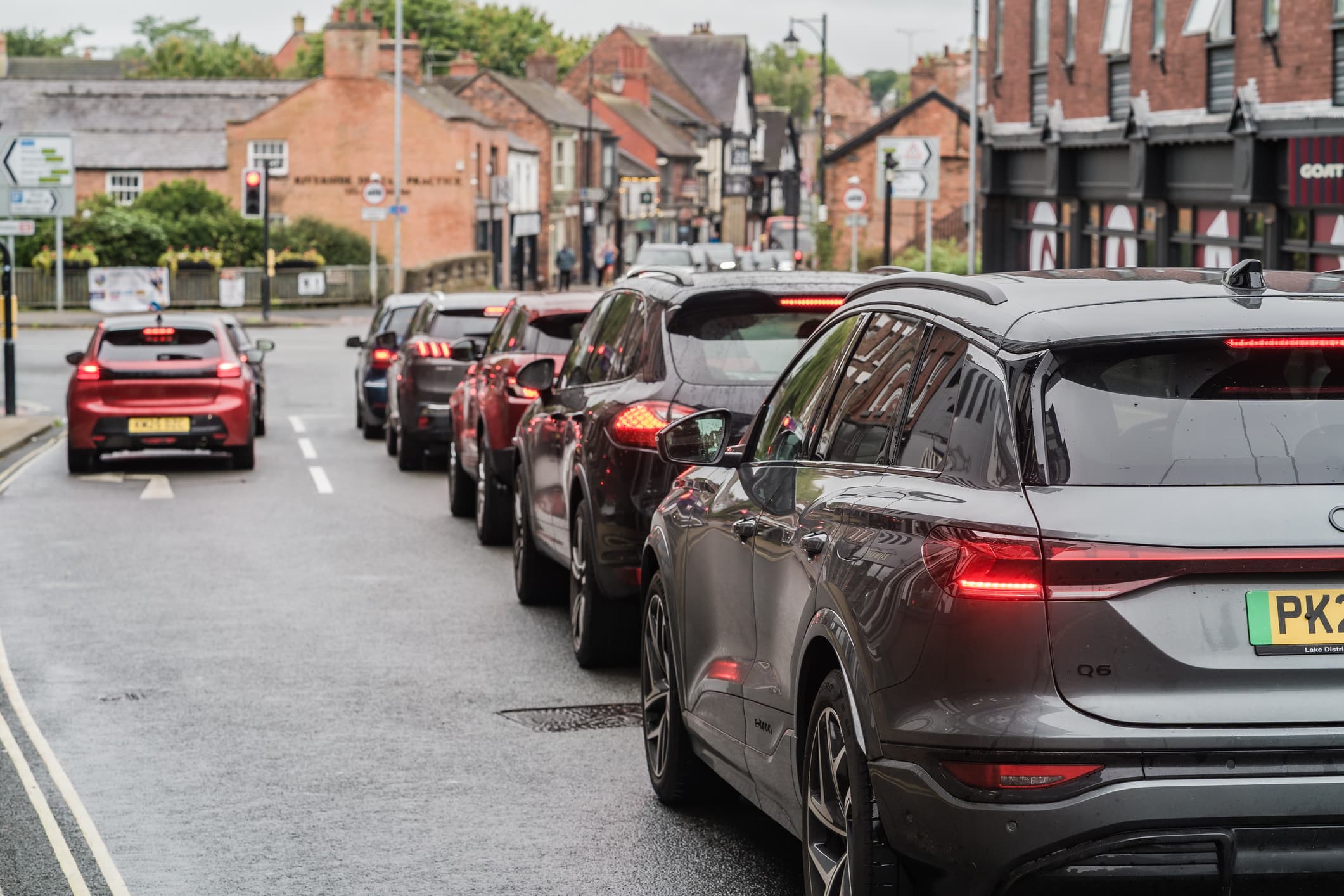 A queue of traffic at a red light
