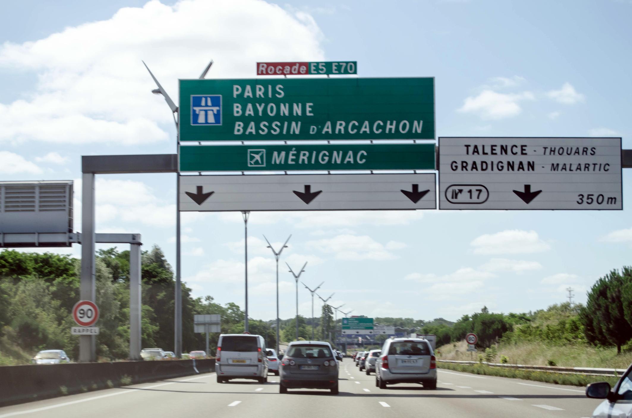 Cars driving on the A630 road in France, a motorway to south west France. 