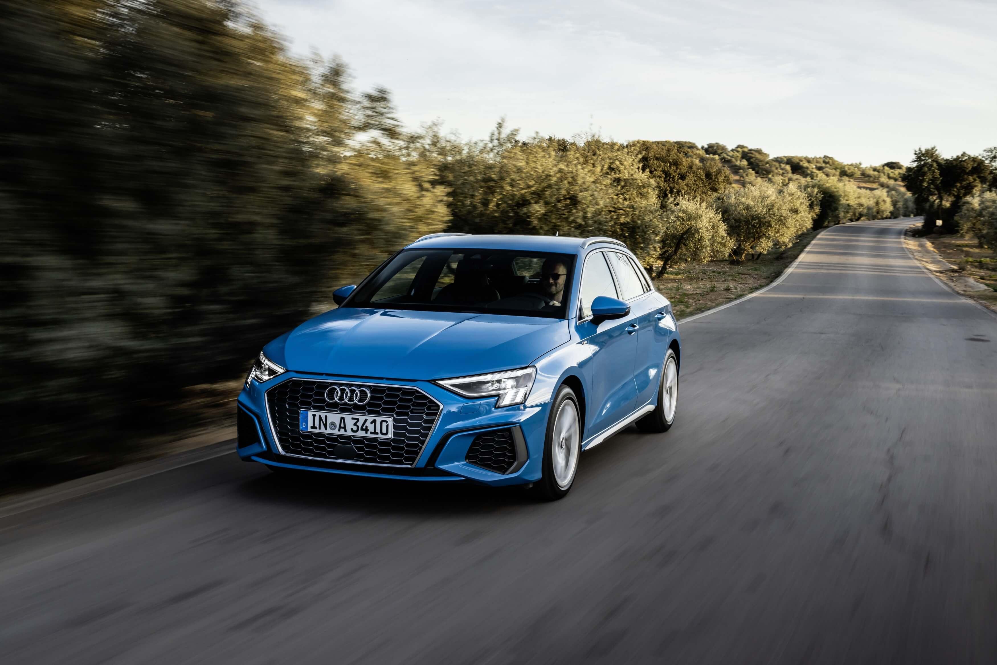 A blue Audi A3 Sportback from 2020