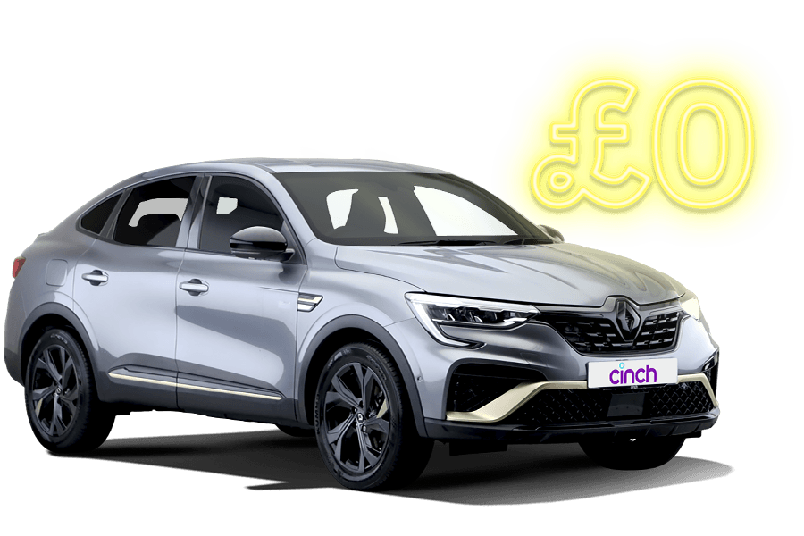 Silver SUV with a sleek design and black accents, parked on a white background. A yellow graphic displays "£0" above the car.