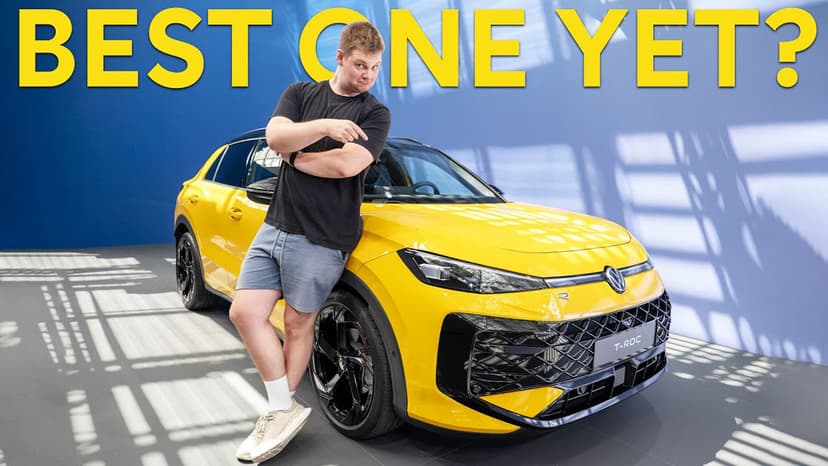 Man leans on a yellow Volkswagen T-Roc with "BEST ONE YET?" text in bold. Blue background and shadow patterns on the floor.