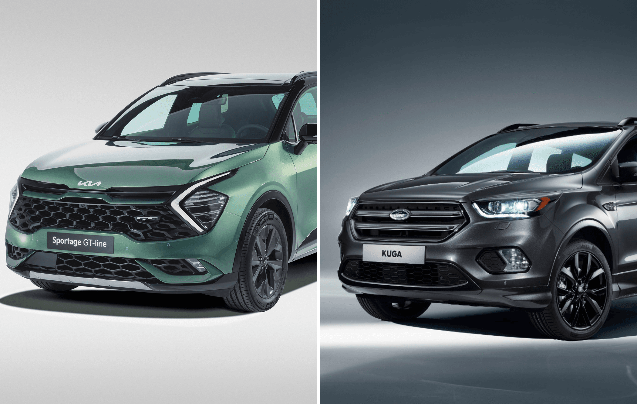 on the left is a green kia sportage and on the right is a grey ford kuga