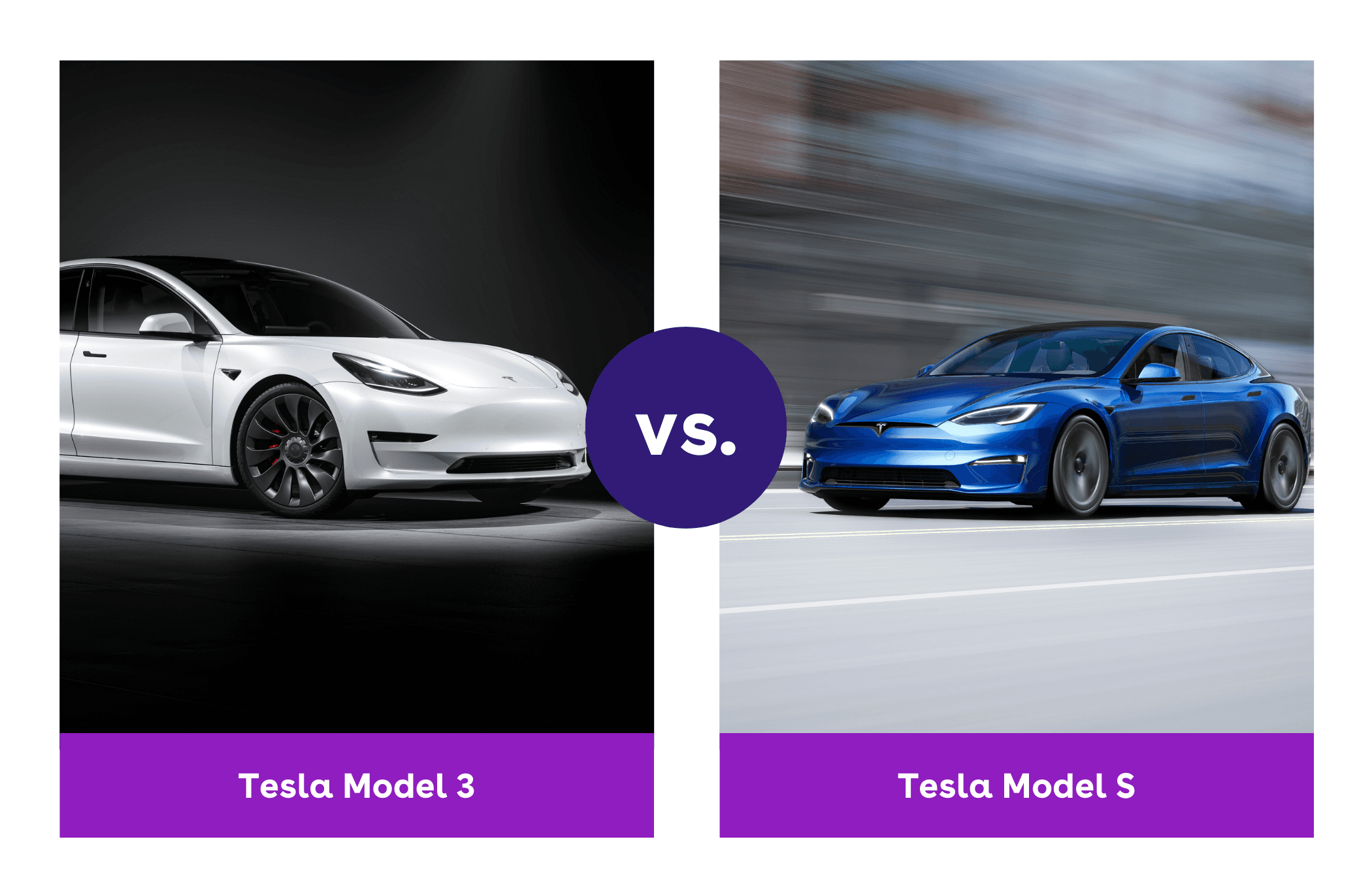 on the left is a white tesla model 3 and on the right is a blue tesla model s driving on a road
