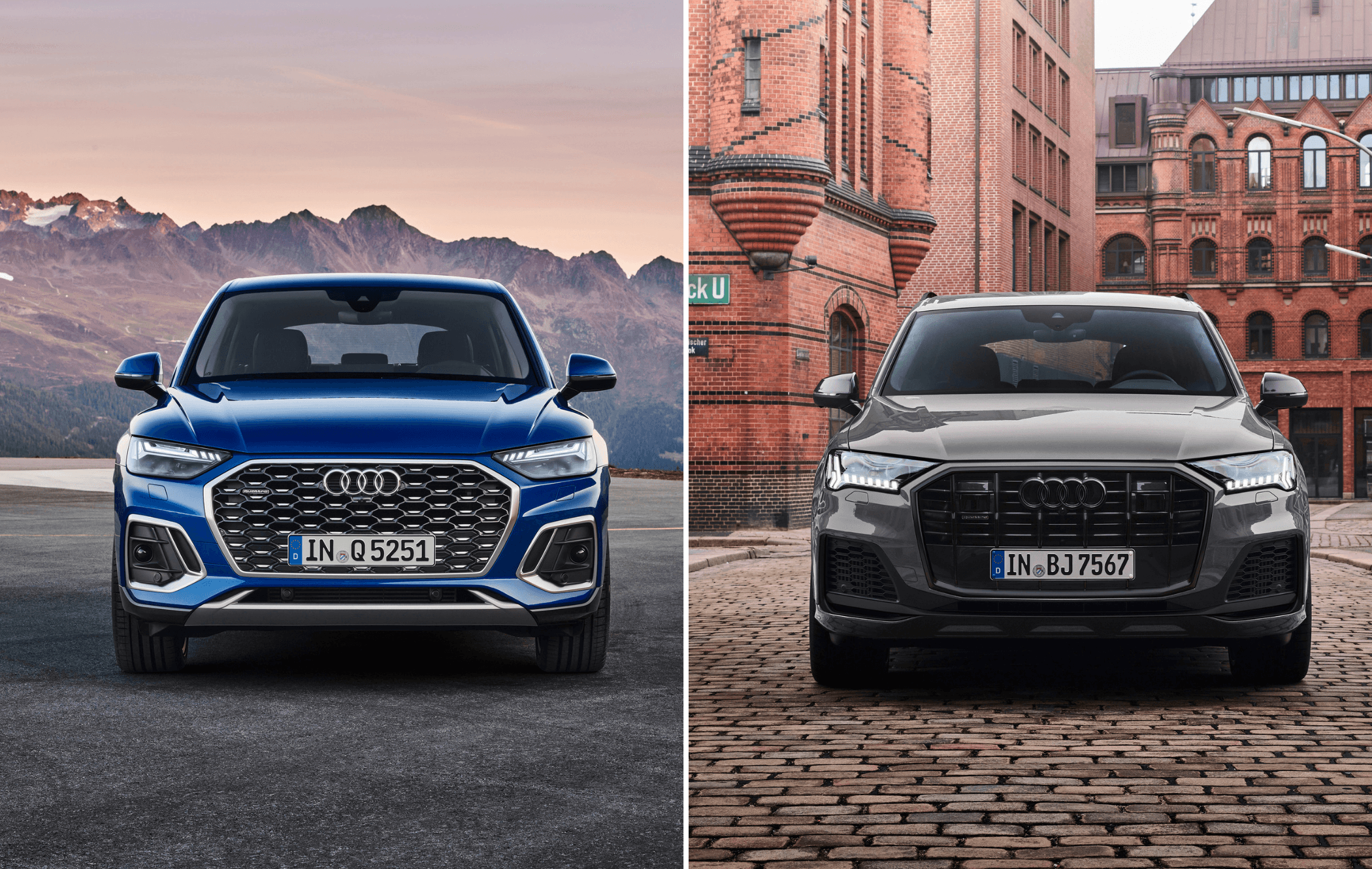 A comparison of the Audi Q5 and Audi A7 models from the front 