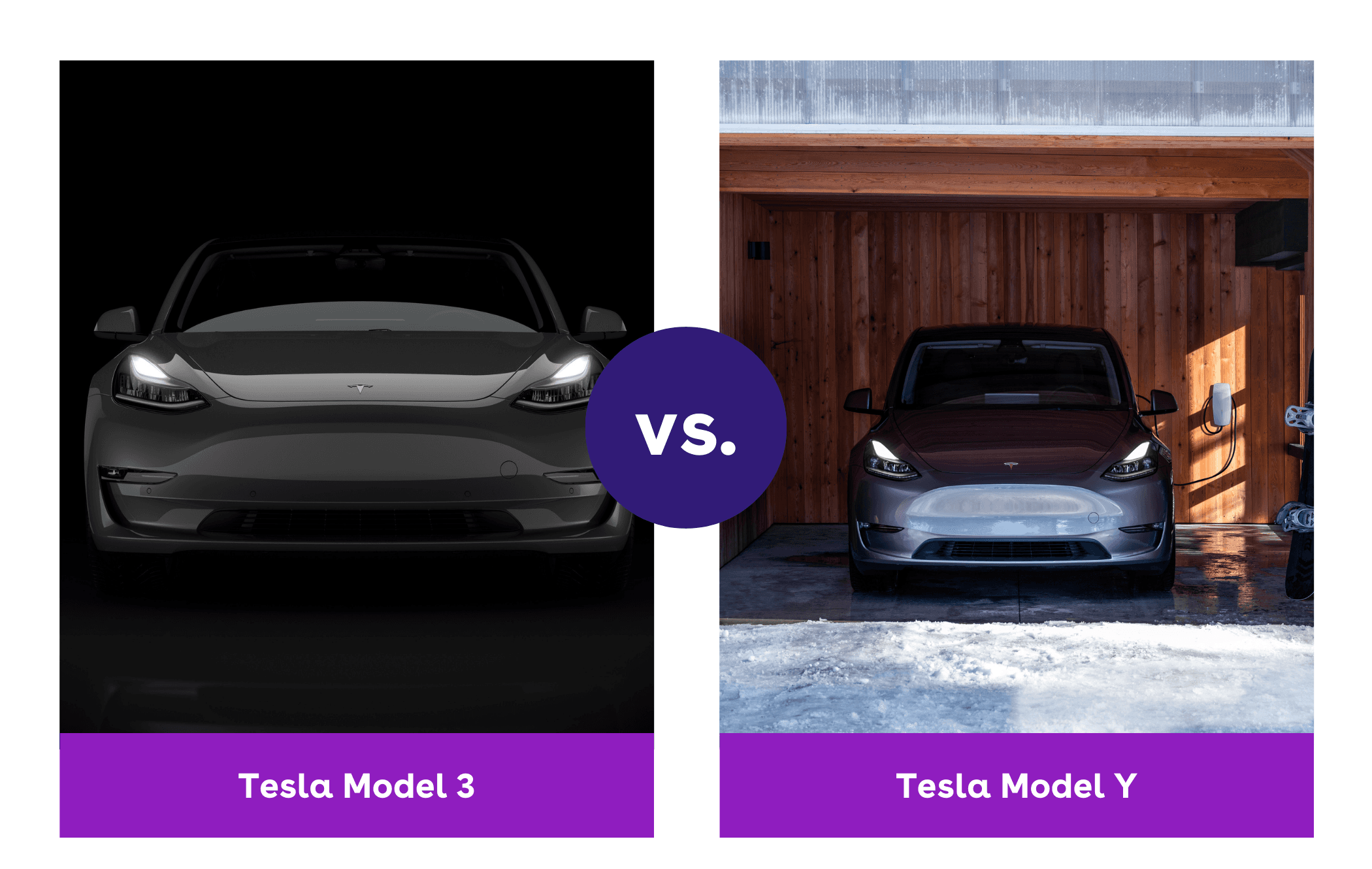 on the left is a black Tesla Model 3 and on the right is a grey Tesla Model Y parked in a garage covered in snow