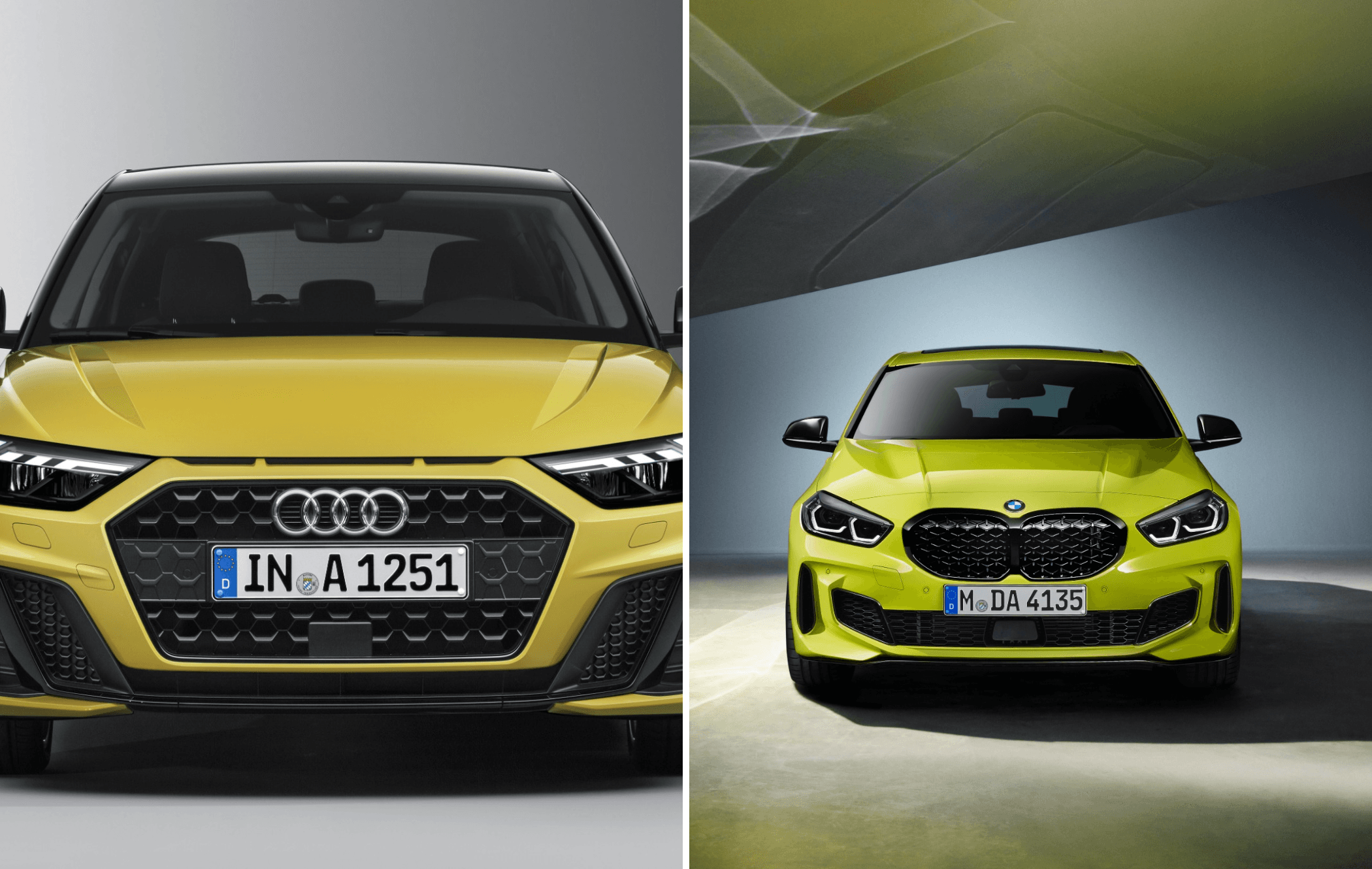 Frontal views of a yellow Audi A1 and a BMW 1 Series 