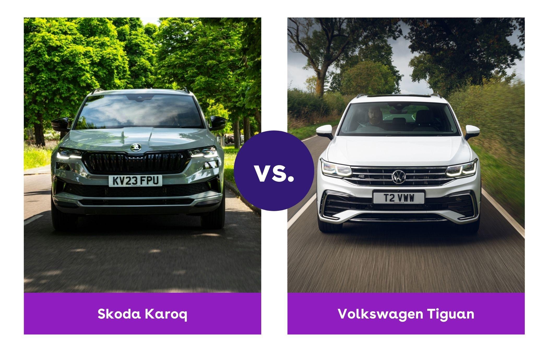 Side-by-side image of Skoda Karoq and Volkswagen Tiguan front
