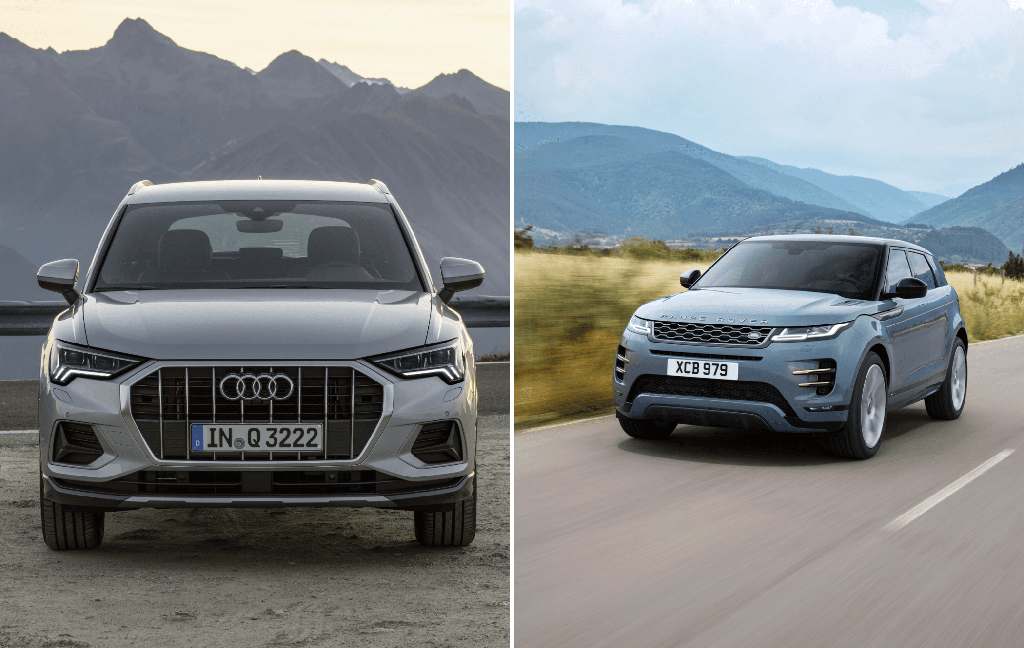 on the left is a silver audi q3 facing the camera and on the right is an evoque driving on a country road