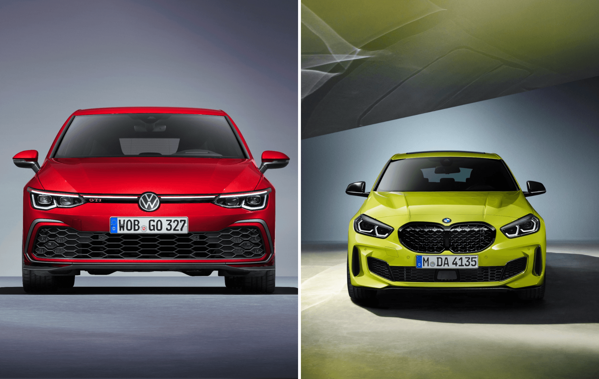 on the left is a red volkswagen golf front and on the right is a yellow bmw 1 series front