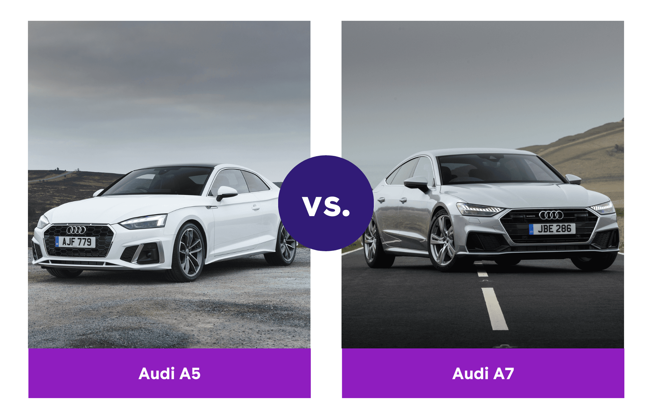 Side-by-side view of white Audi A5 Coupé and silver Audi A7 Sportback