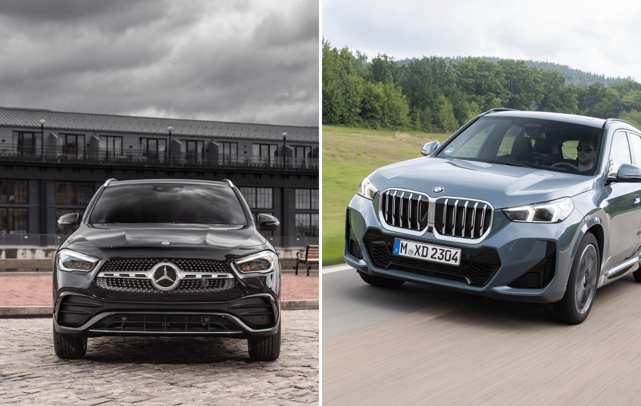 on the left is a black mercedes gla front and on the right is a grey/blue x1 driving on a road
