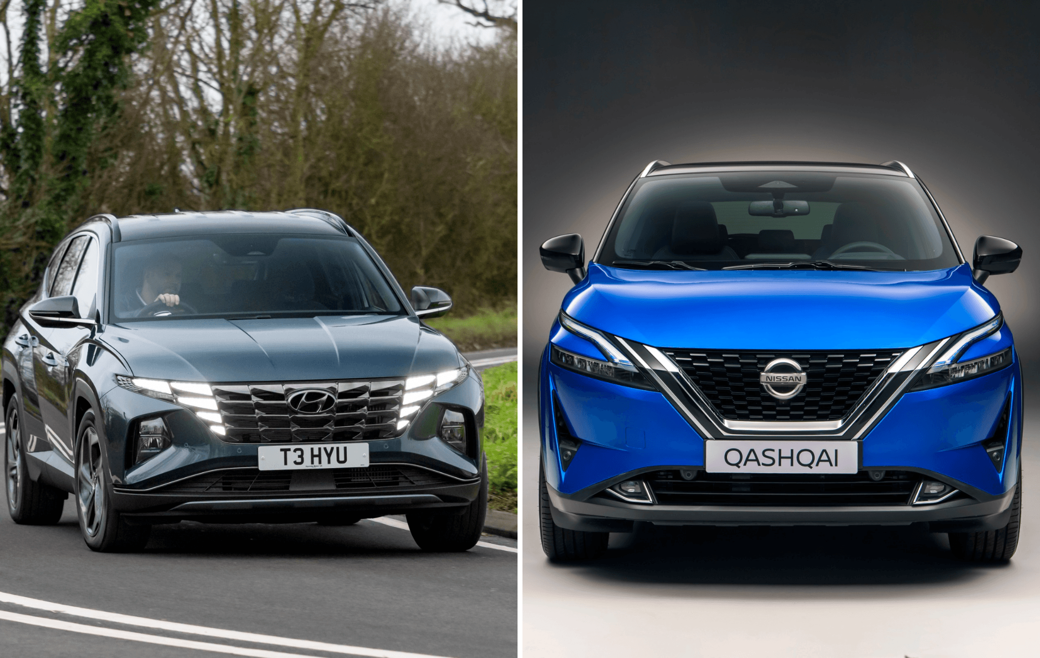 on the left is a grey hyundai tucson driving on a road and on the right is a blue nissan qashqai front
