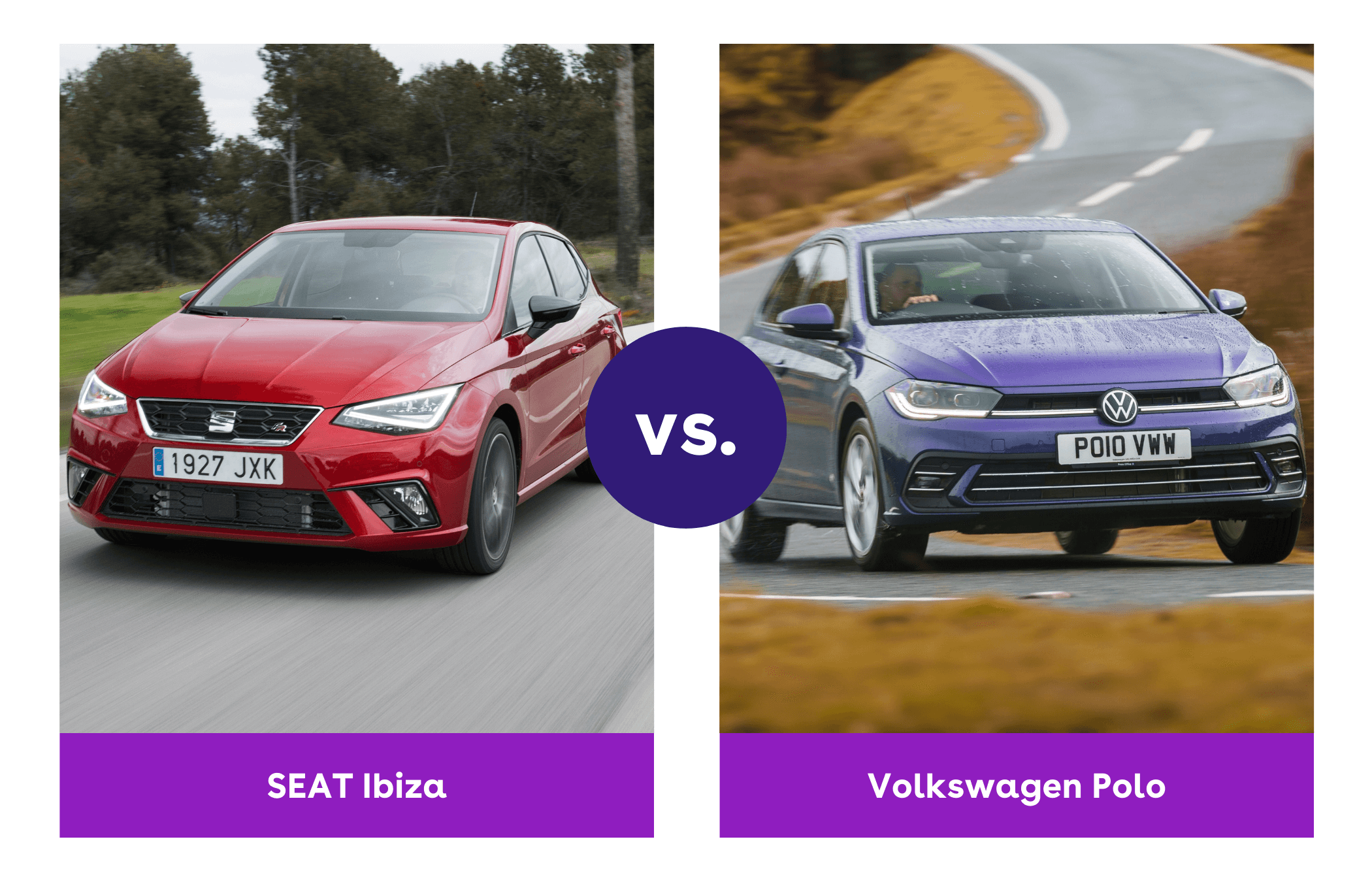 Side-by-side view of red SEAT Ibiza and purple Volkswagen Polo front