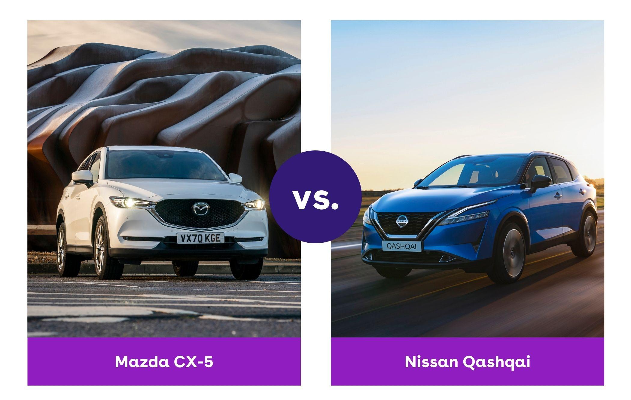 Side-by-side image of Mazda CX-5 and Nissan Qashqai fronts