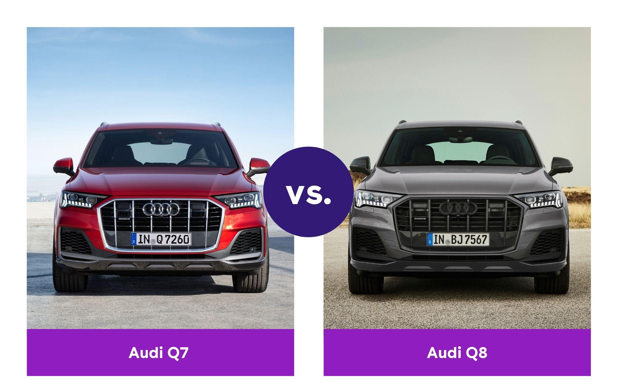 A comparison of a red Audi Q7 and a grey Audi Q8