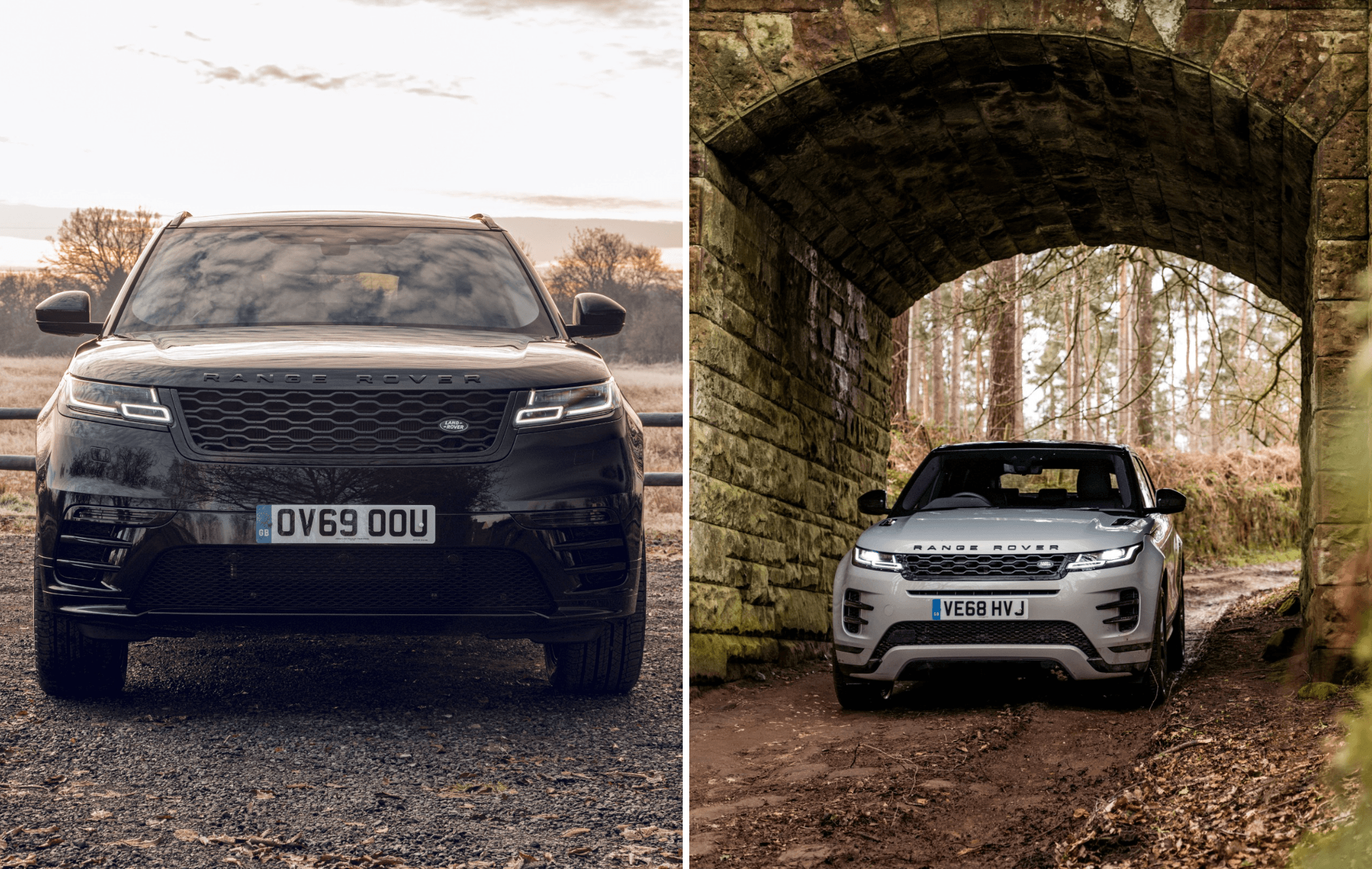 on the left is a black range rover velar and on the right is a white evoque under a bridge