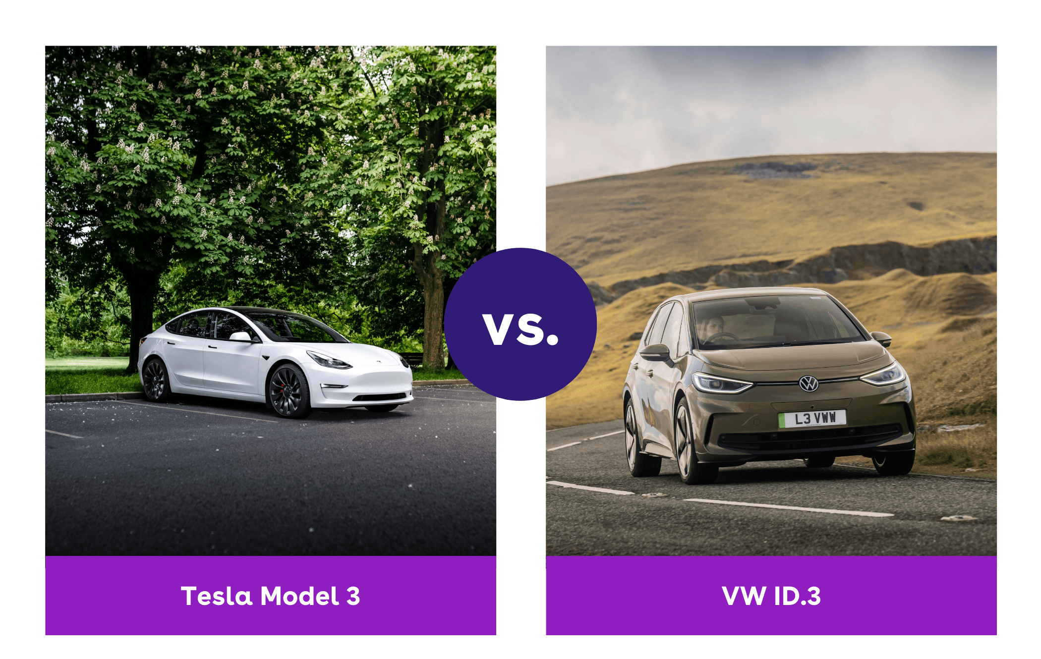 on the left is a white tesla model 3 parked under a tree and on the right is a green vw id.3 driving on a country road