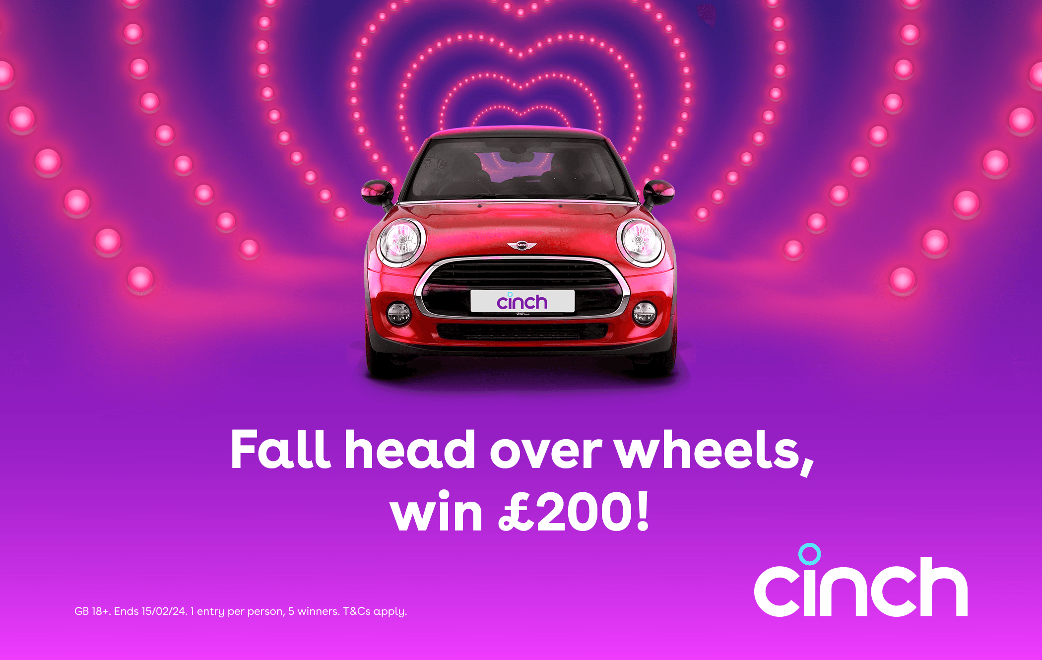 A red Mini on a purple and pink background with a neon heart, reading 'fall head over wheels, win £200!'
