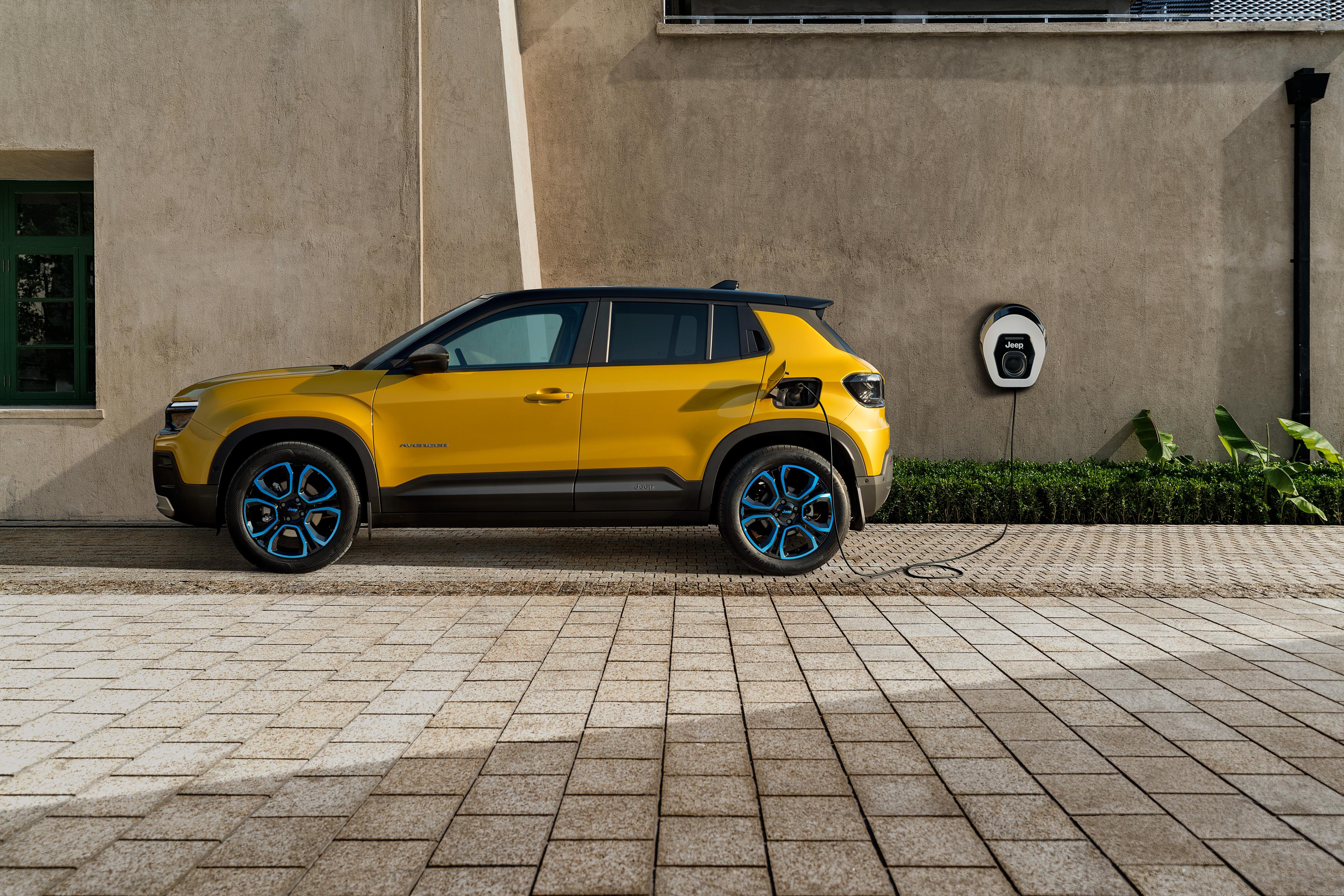 a yellow jeep avenger charging via a wallbox charger